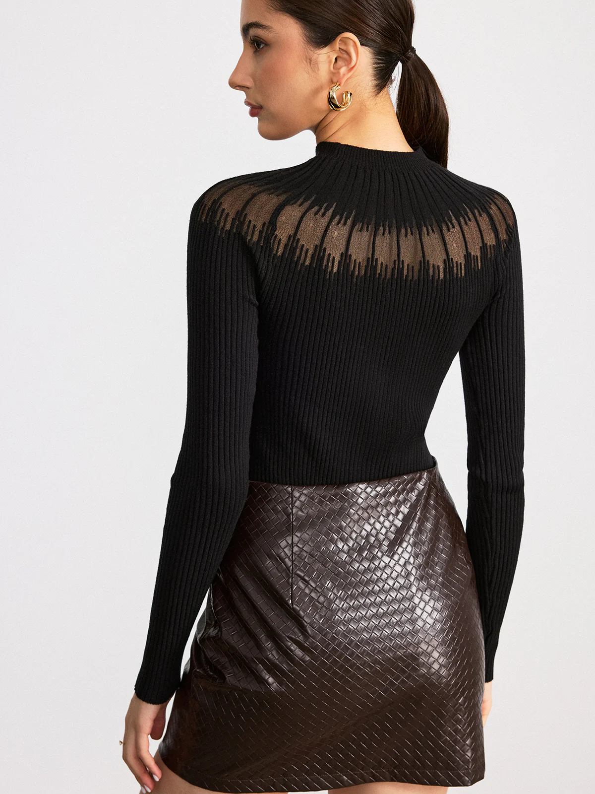 Sheer Panel Mock Neck Sweater - Wholesalesil