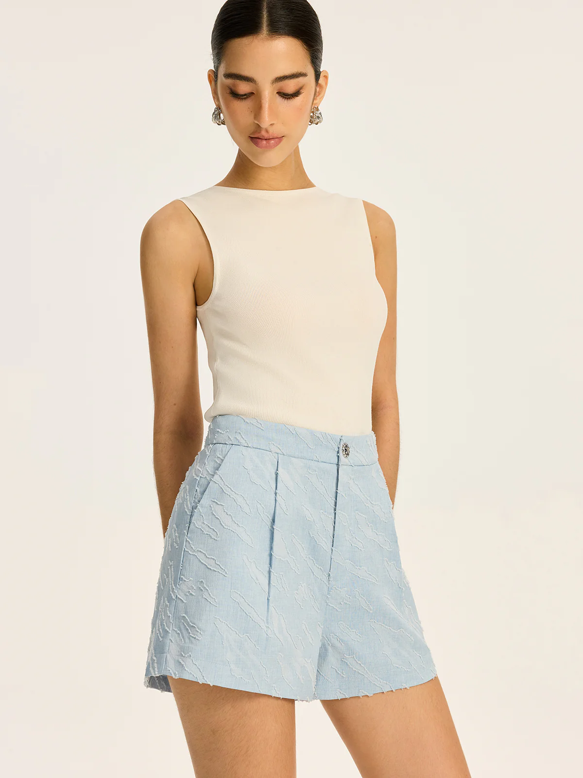 Textured Fabric Metal Button Mid-Waisted Shorts - Wholesalesil