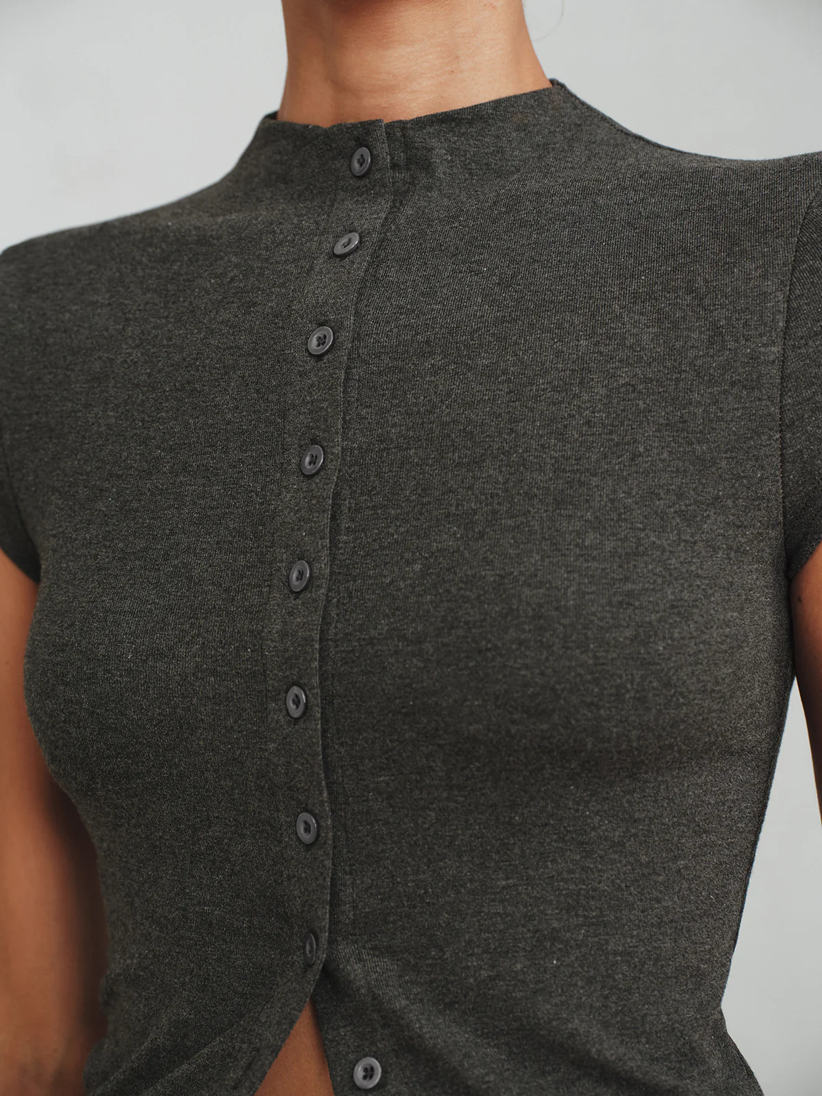 Mock Neck Cap-Sleeve Button T-Shirt - Wholesalesil