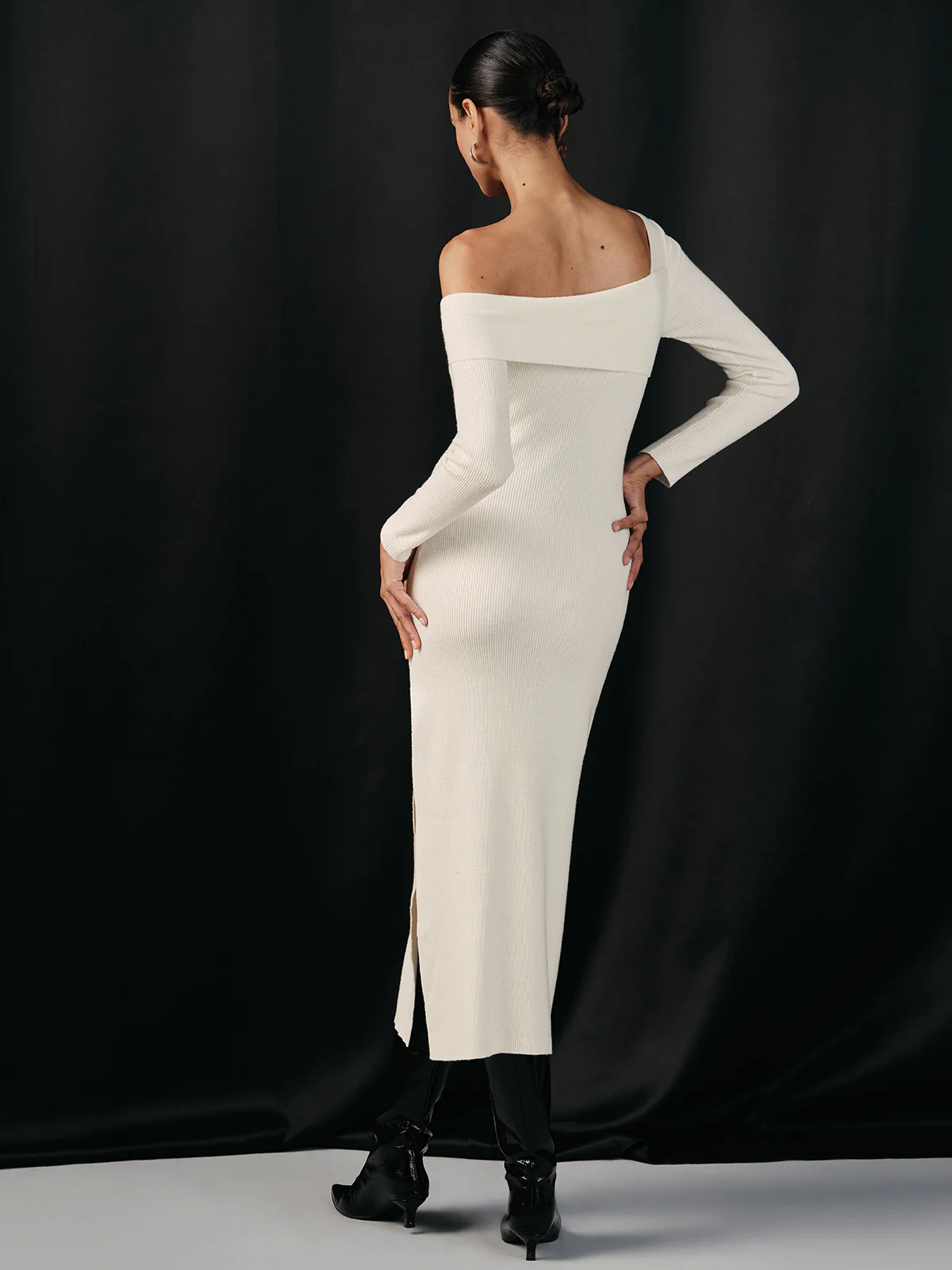 One Shoulder Wool Blend Knit Midi Slit Dress - Wholesalesil