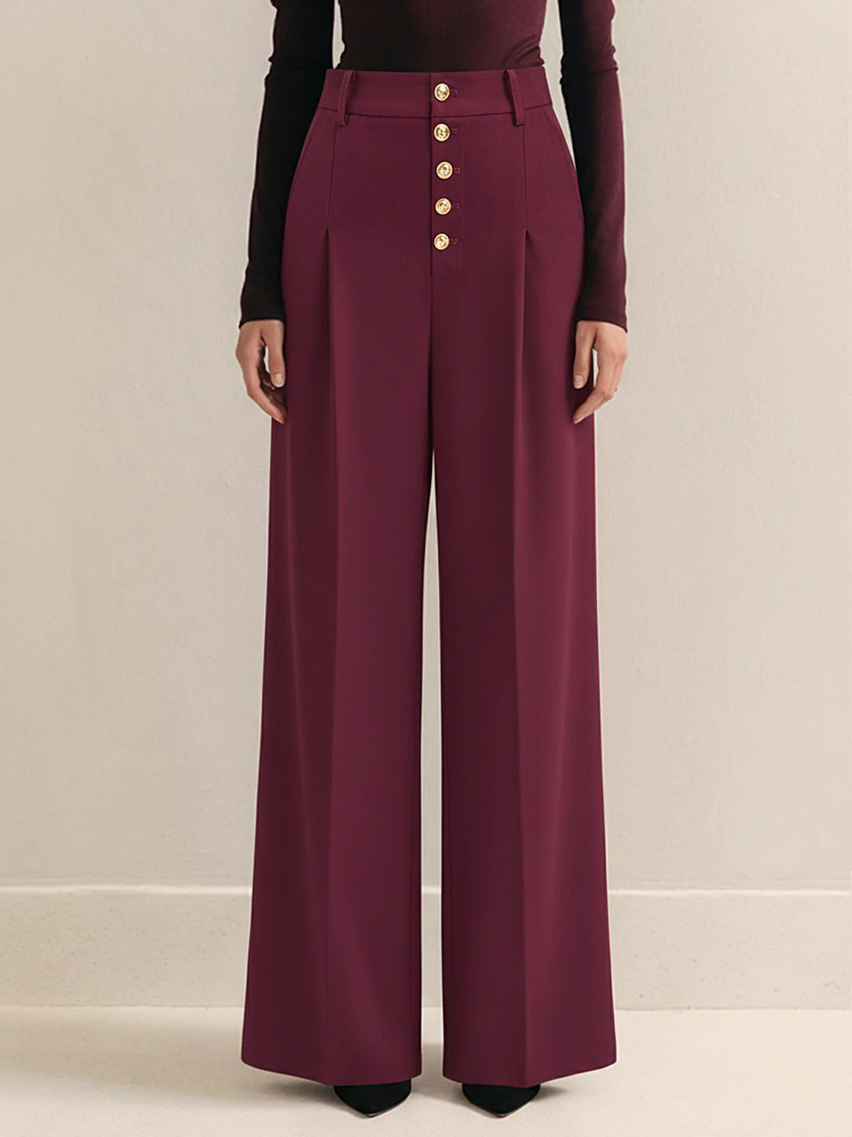 High-Waist Metal Button Pleated Wide-Leg Pants - Wholesalesil