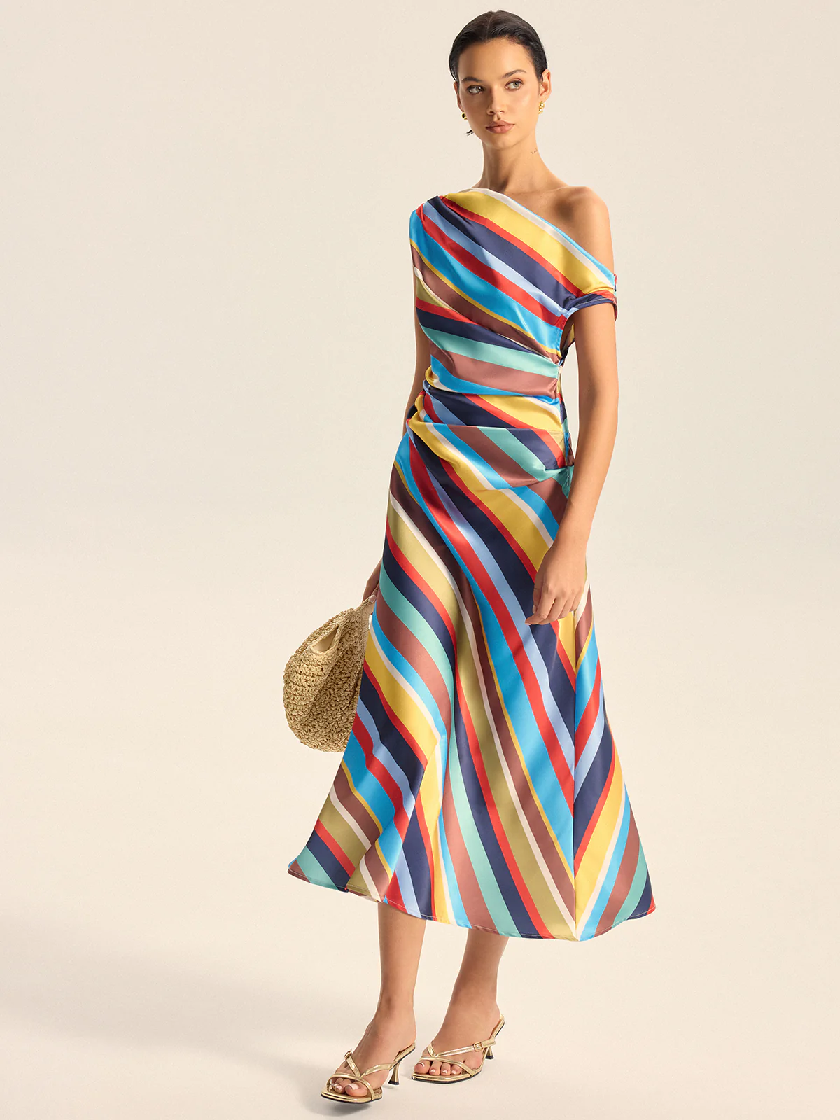 Colorful Striped One-Shoulder Maxi Dress - Wholesalesil