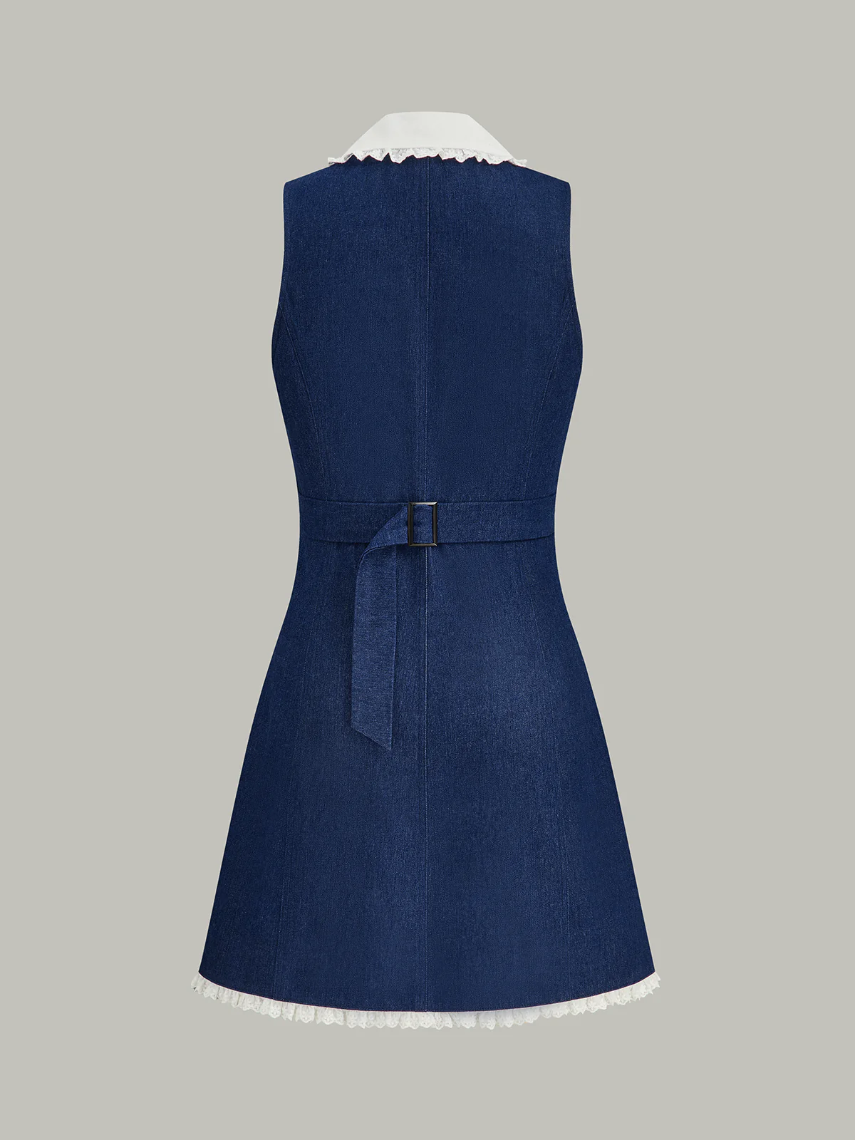 Denim Lace Trim Lapel Mini Dress - Wholesalesil