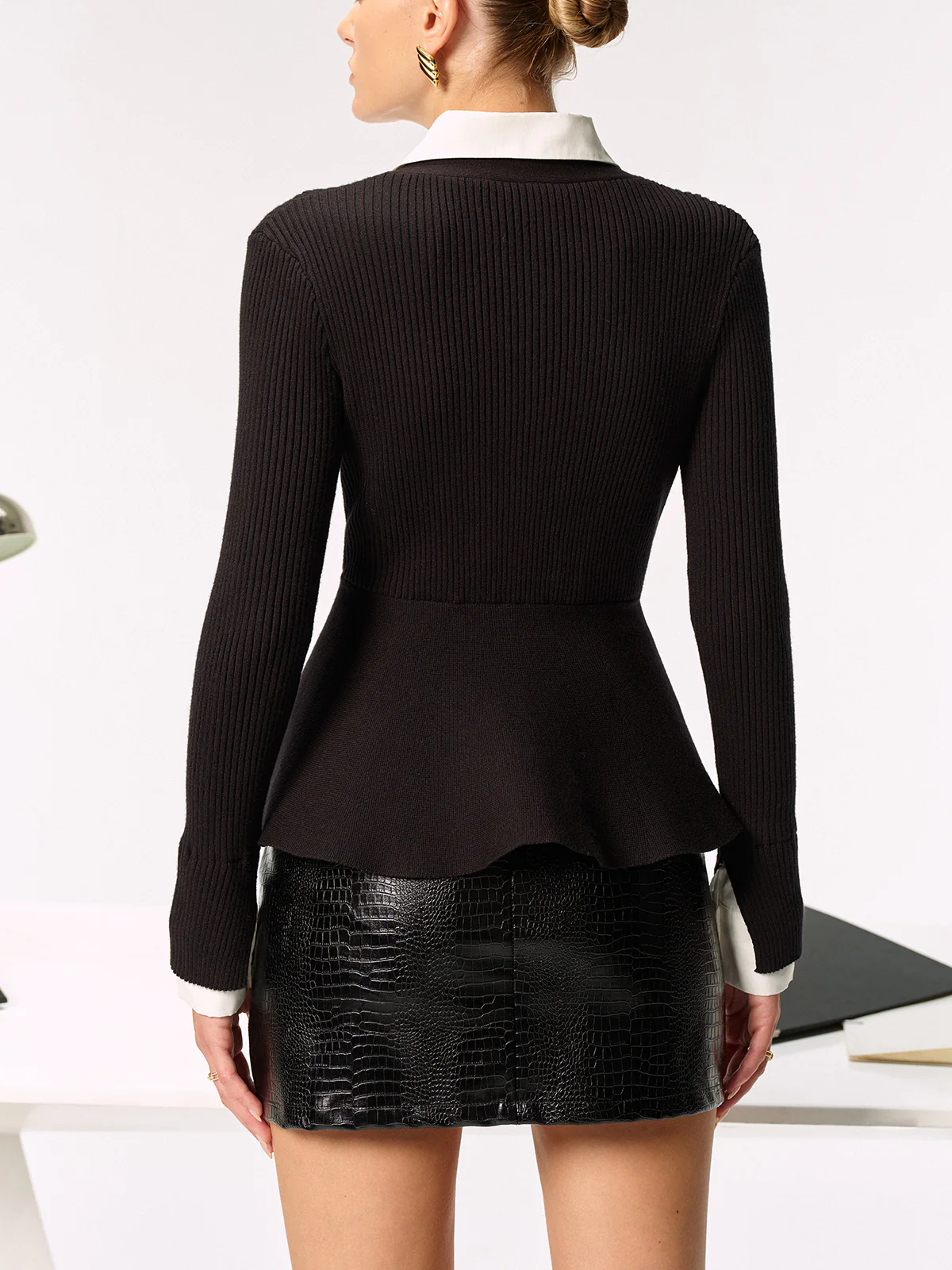 2 in 1 Shirt Panel Ribbed Peplum Cardigan - Wholesalesil