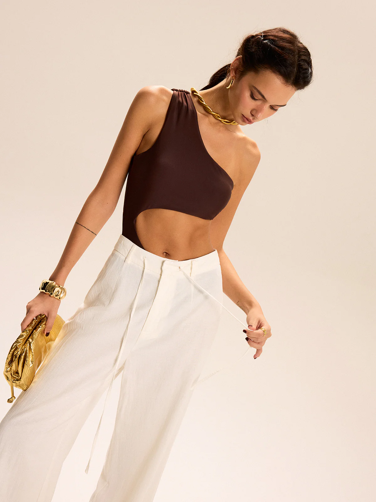 One Shoulder Cutout Metal Buckle One-Piece - Wholesalesil