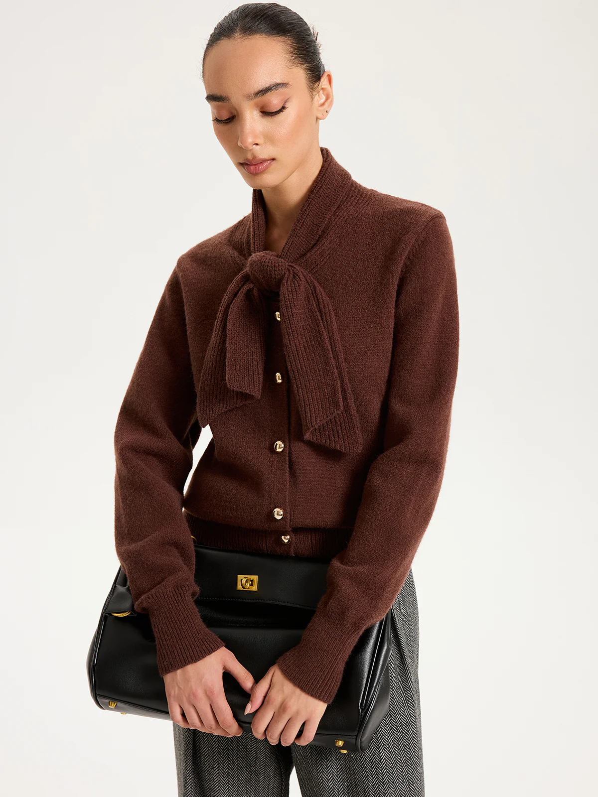 Tie-Neck Metal Button Knit Cardigan - Wholesalesil