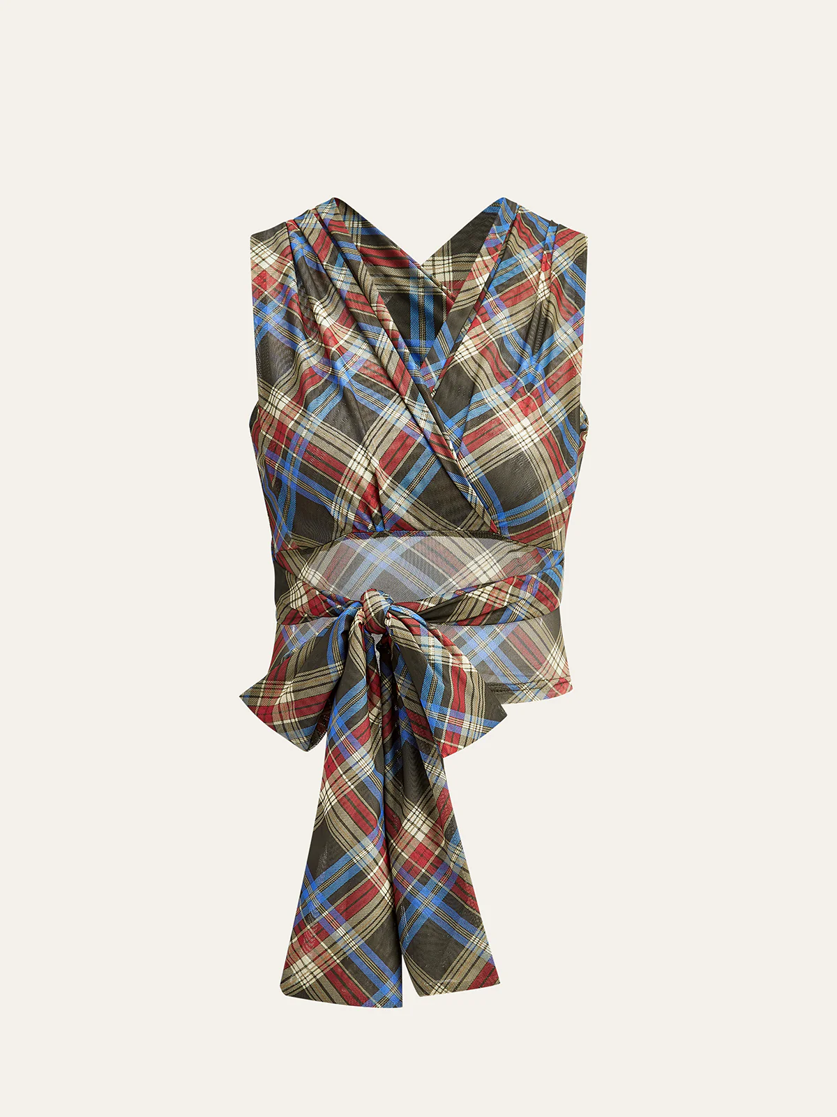 Semi-Sheer Plaid Knotted Tie-Back Top - Wholesalesil