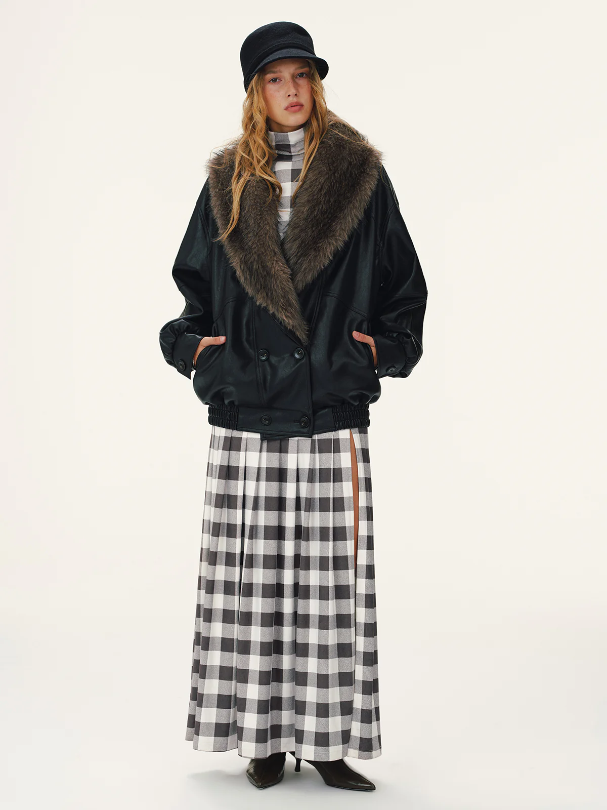 Detachable Faux Fur Collar Faux Leather Jacket - Wholesalesil