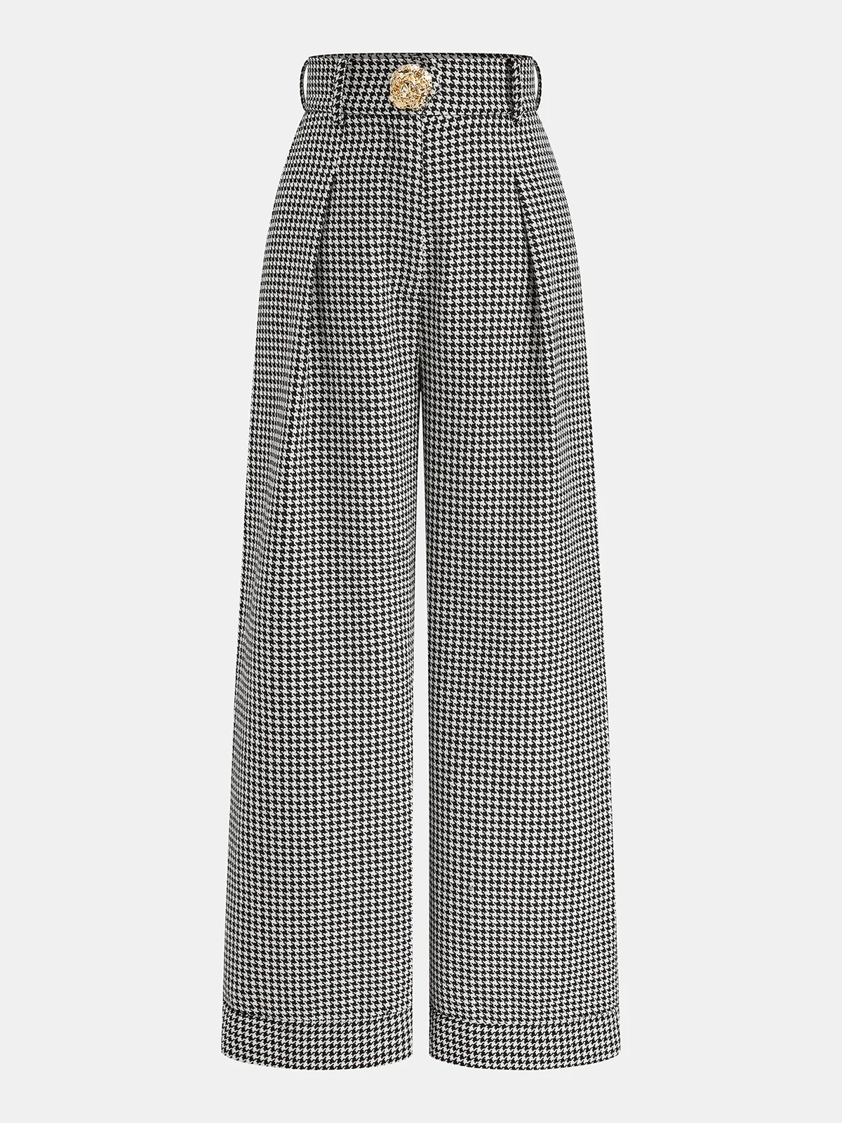 Houndstooth Pleated Buttoned Wide Leg Pants - Wholesalesil