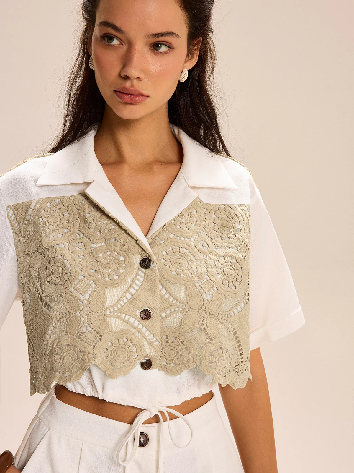Lace-paneled Cropped Shirt Shorts Set - Wholesalesil