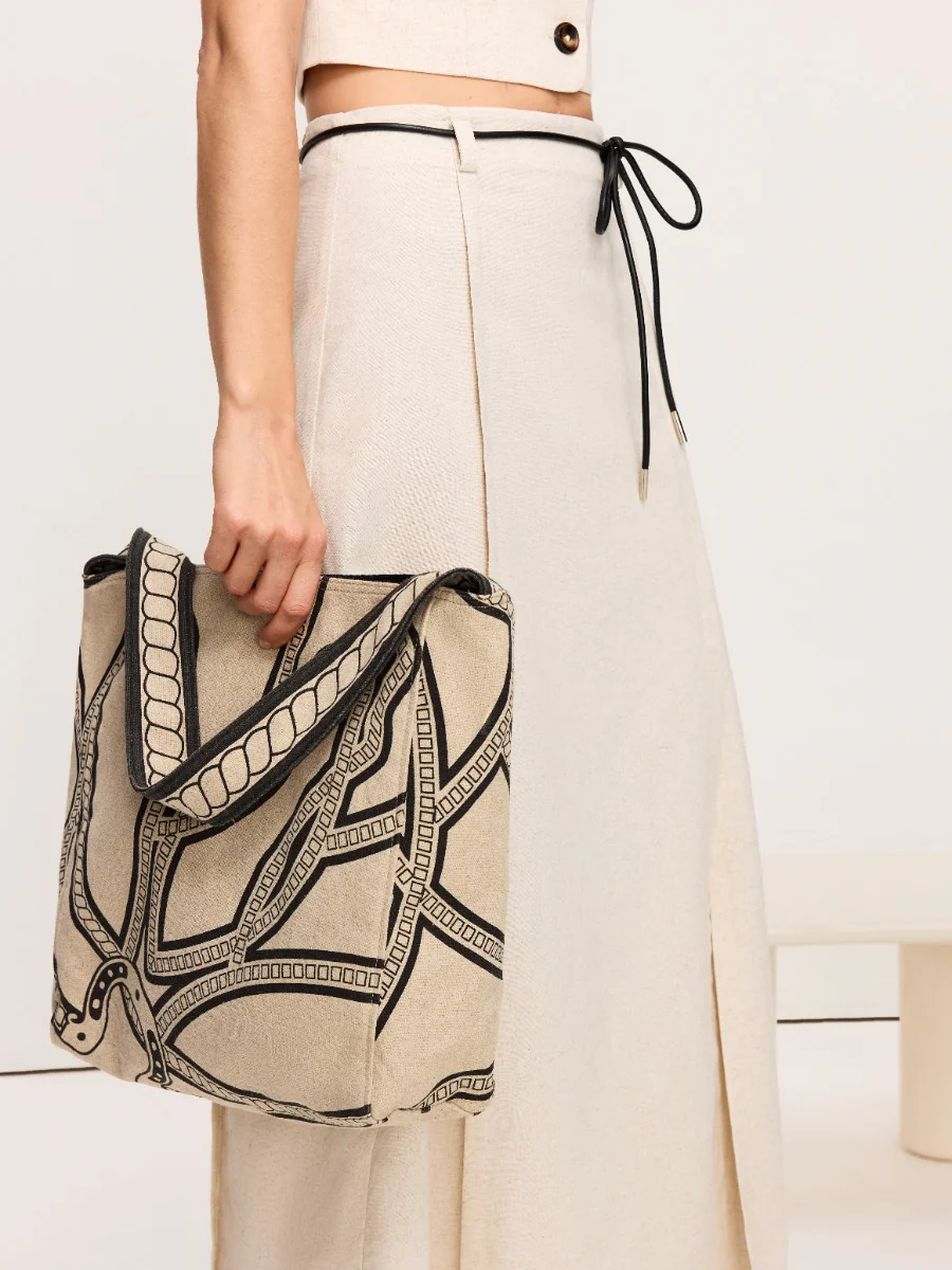 Linen & Cotton Tote Bag with Chain Print - Wholesalesil