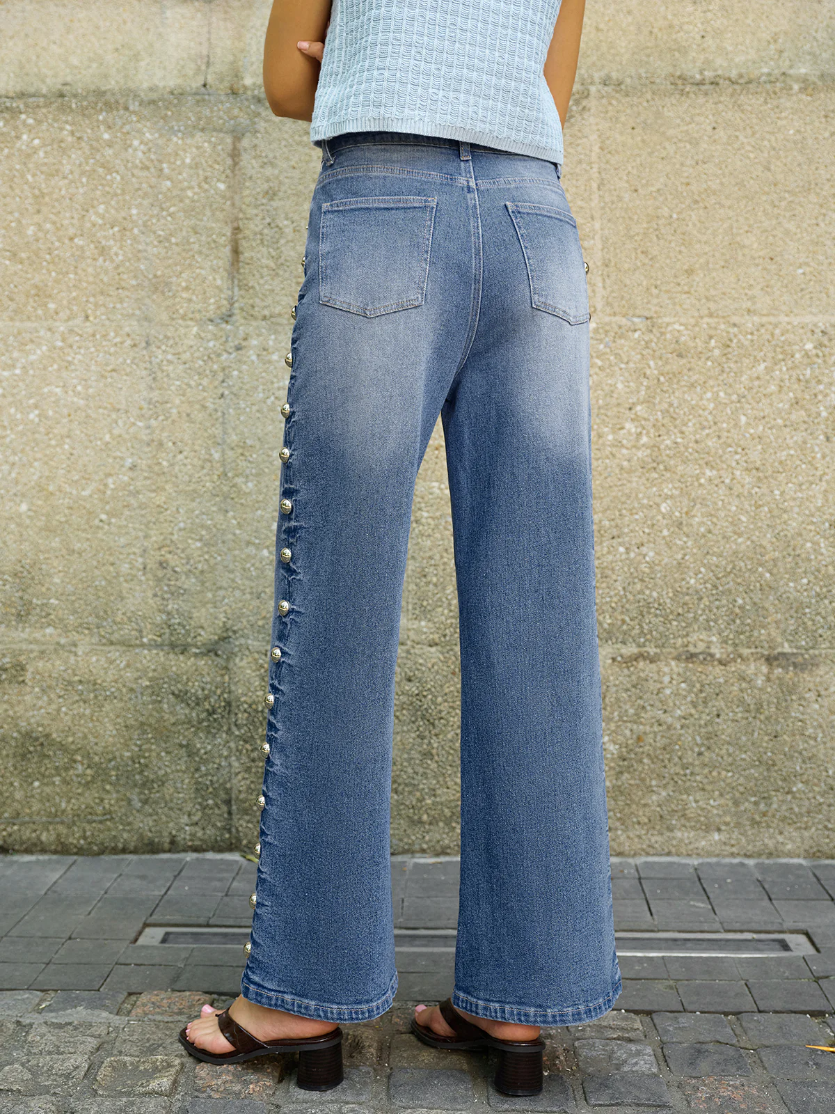 Buttoned Side Detail Pocketed Jeans - Wholesalesil