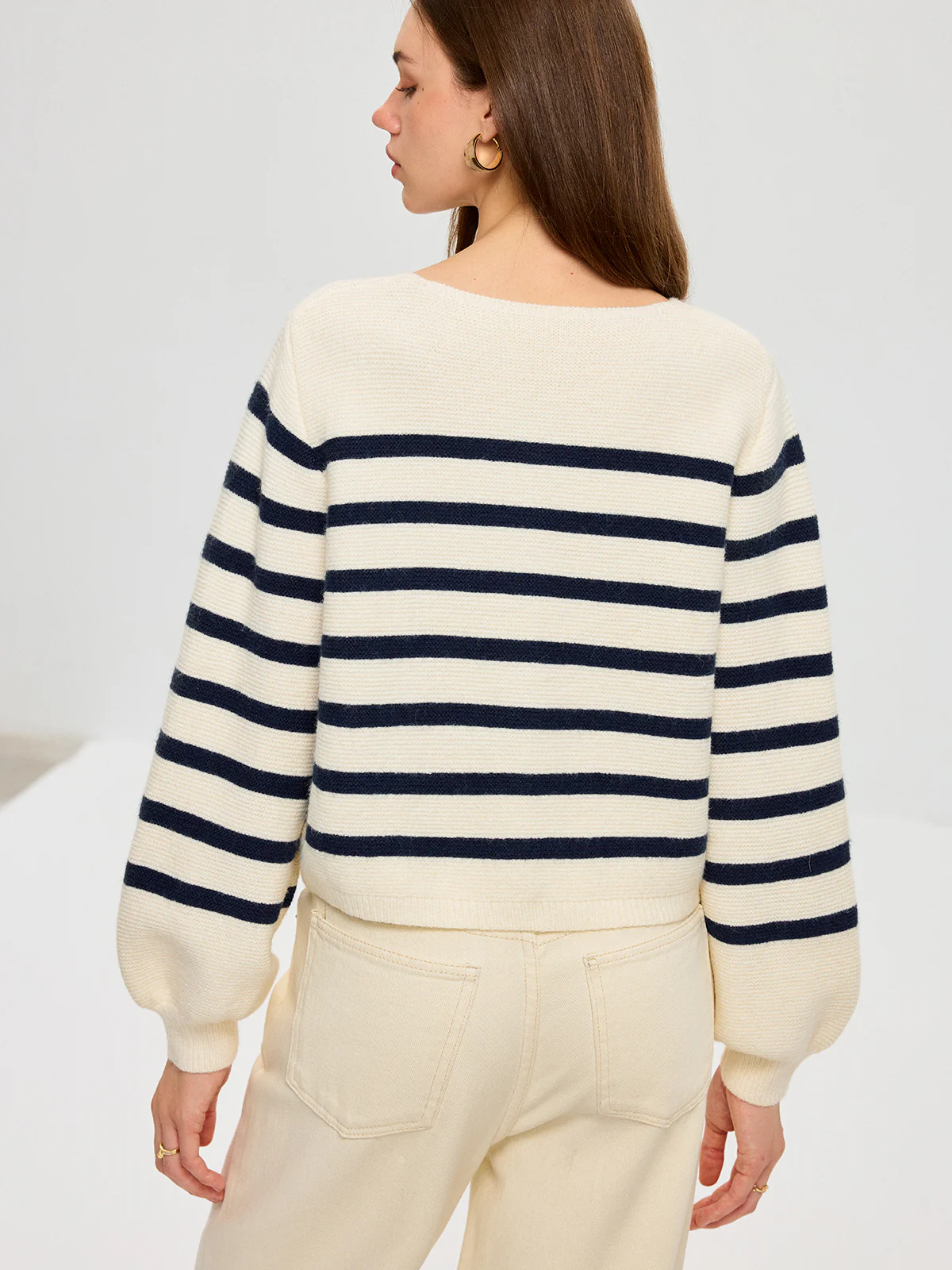 Striped Square Neck Lantern Sleeve Knit Cardigan - Wholesalesil