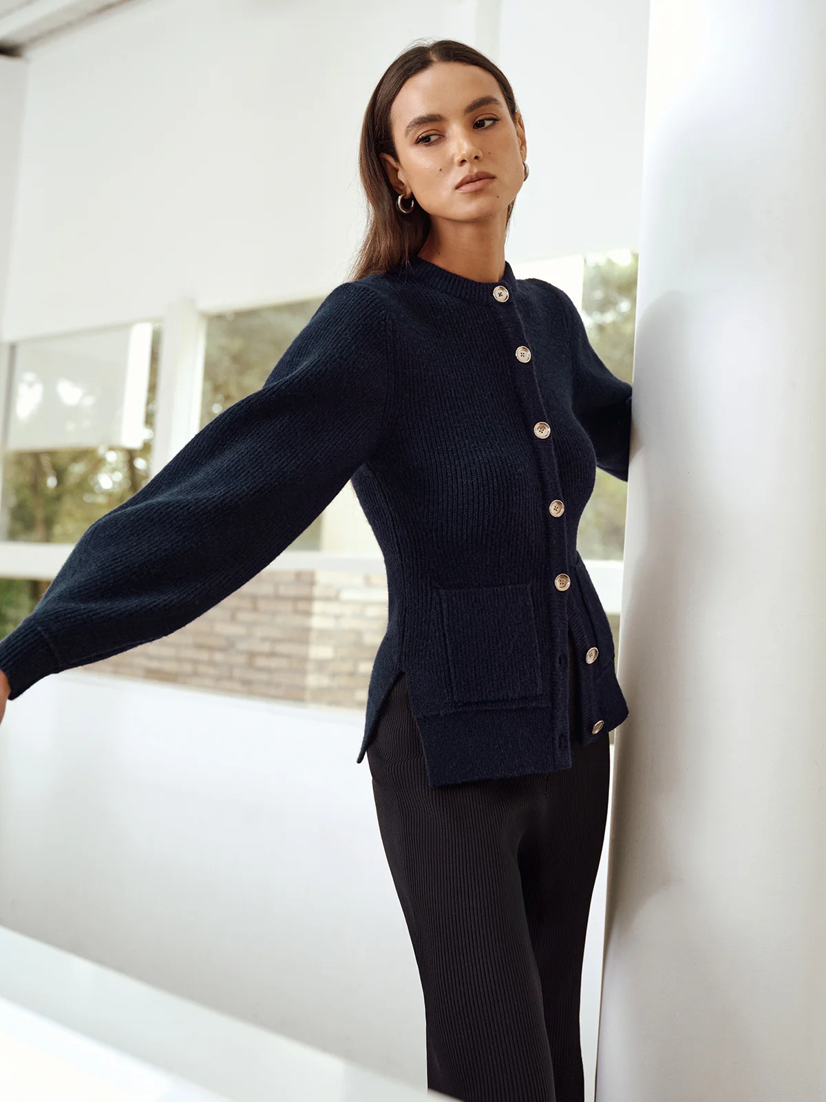 Button-Front Crew Neck Ribbed Knit Cardigan - Wholesalesil