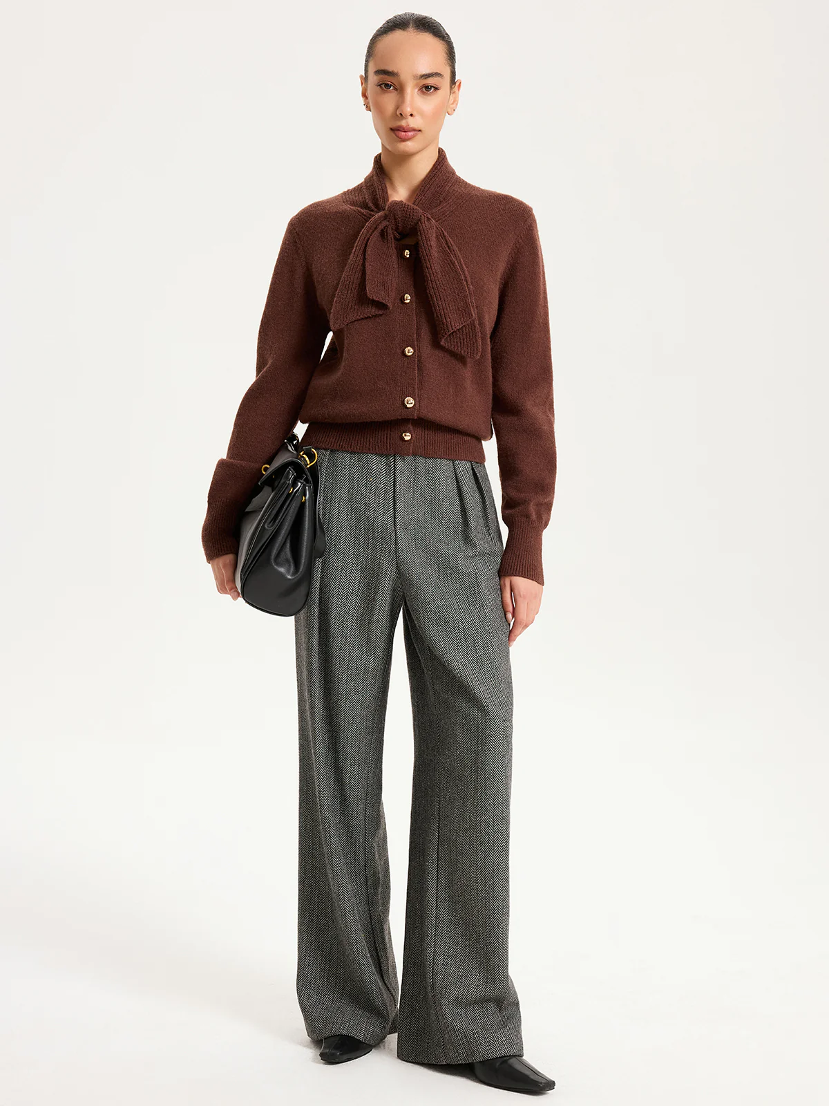 Tie-Neck Metal Button Knit Cardigan - Wholesalesil