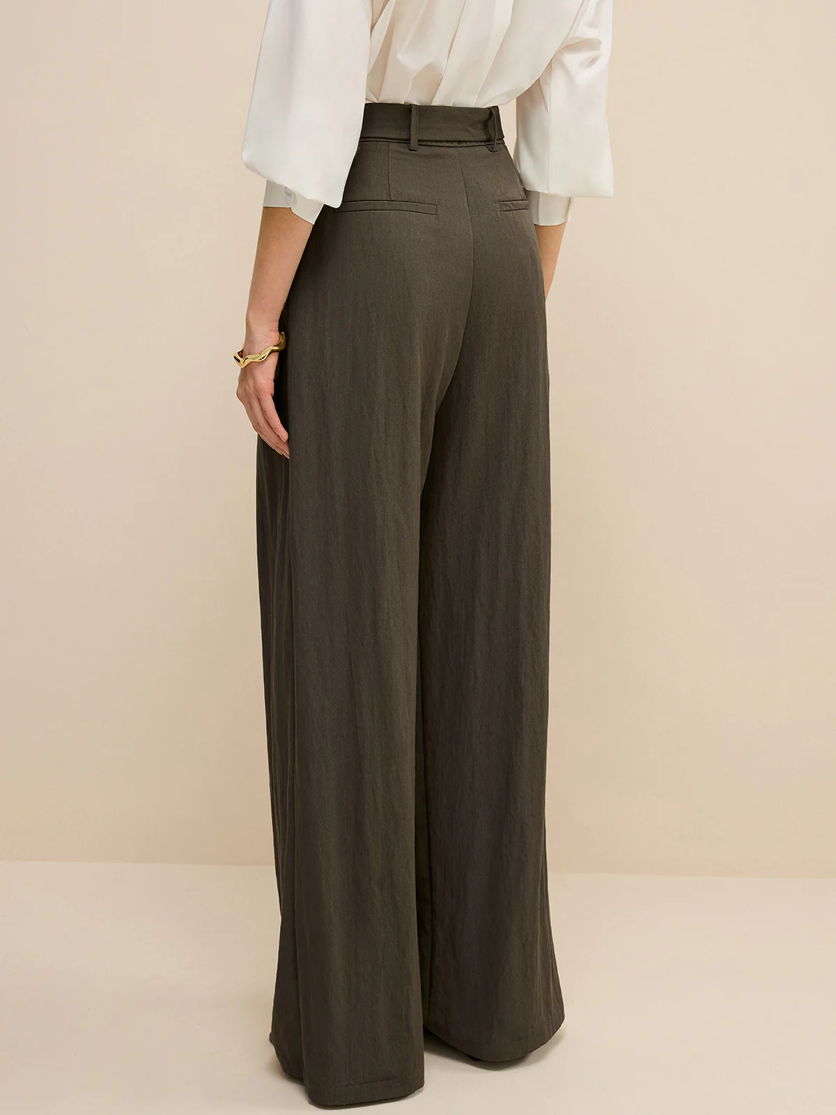 Army Green Belted Pleated Wide-Leg Pants - Wholesalesil