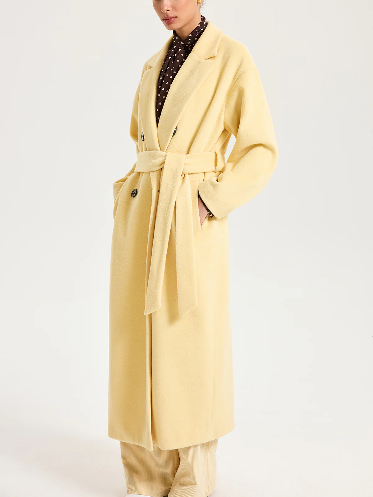 Belted Double-Breasted Lapel Long Coat - Wholesalesil