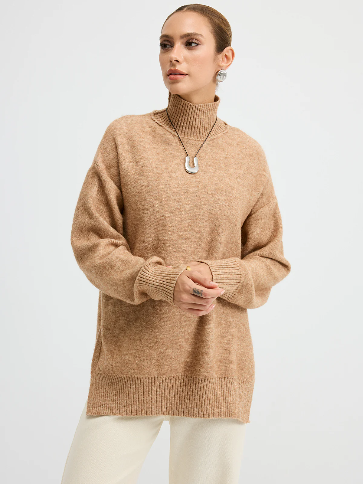 Turtleneck Side-Slit Oversized Casual Sweater - Wholesalesil