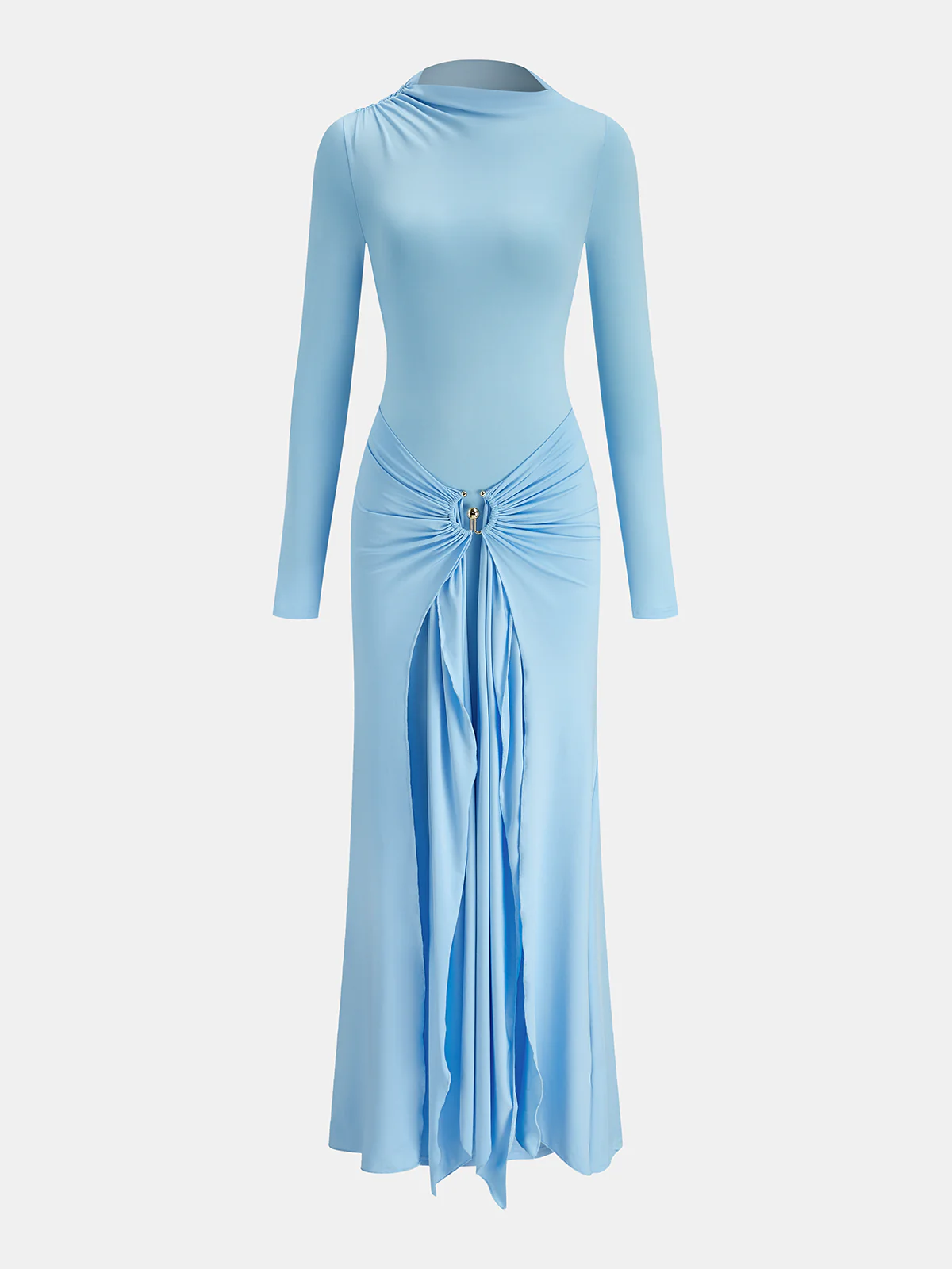 Metal Ring Draped Long Sleeve Maxi Dress - Wholesalesil