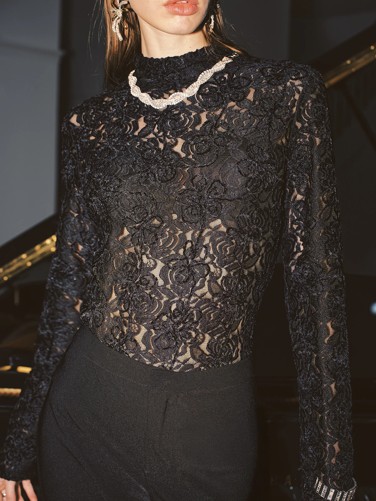 High Neck Lace Floral Long Sleeve Blouse - Wholesalesil