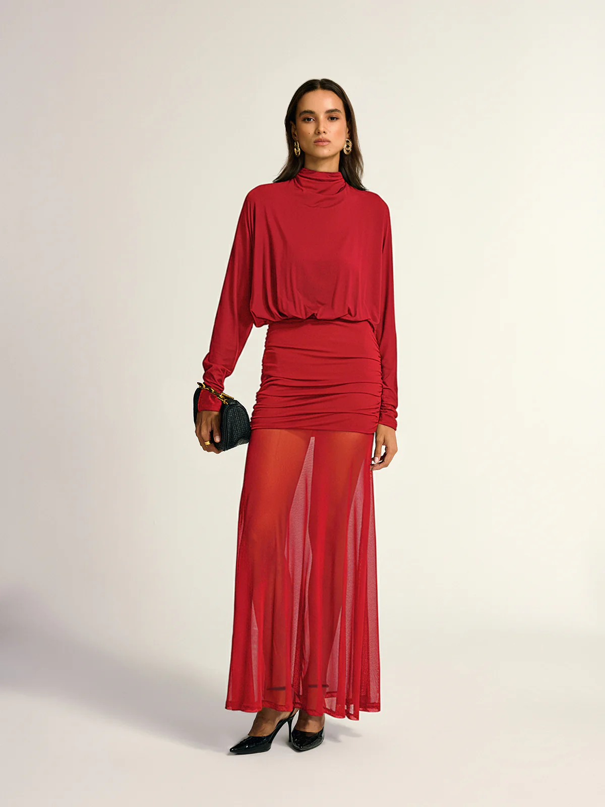 Turtleneck Long Sleeve Drape Ruched Mesh Dress - Wholesalesil