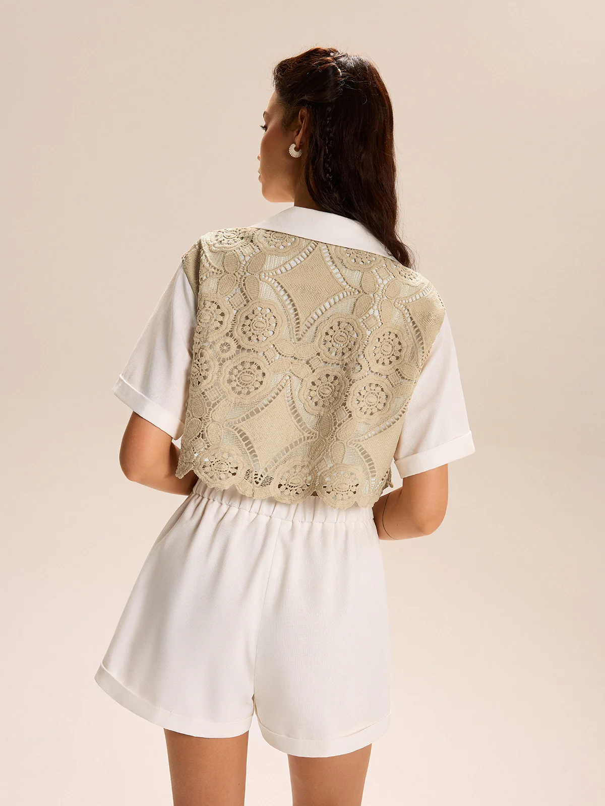 Lace-paneled Cropped Shirt Shorts Set - Wholesalesil