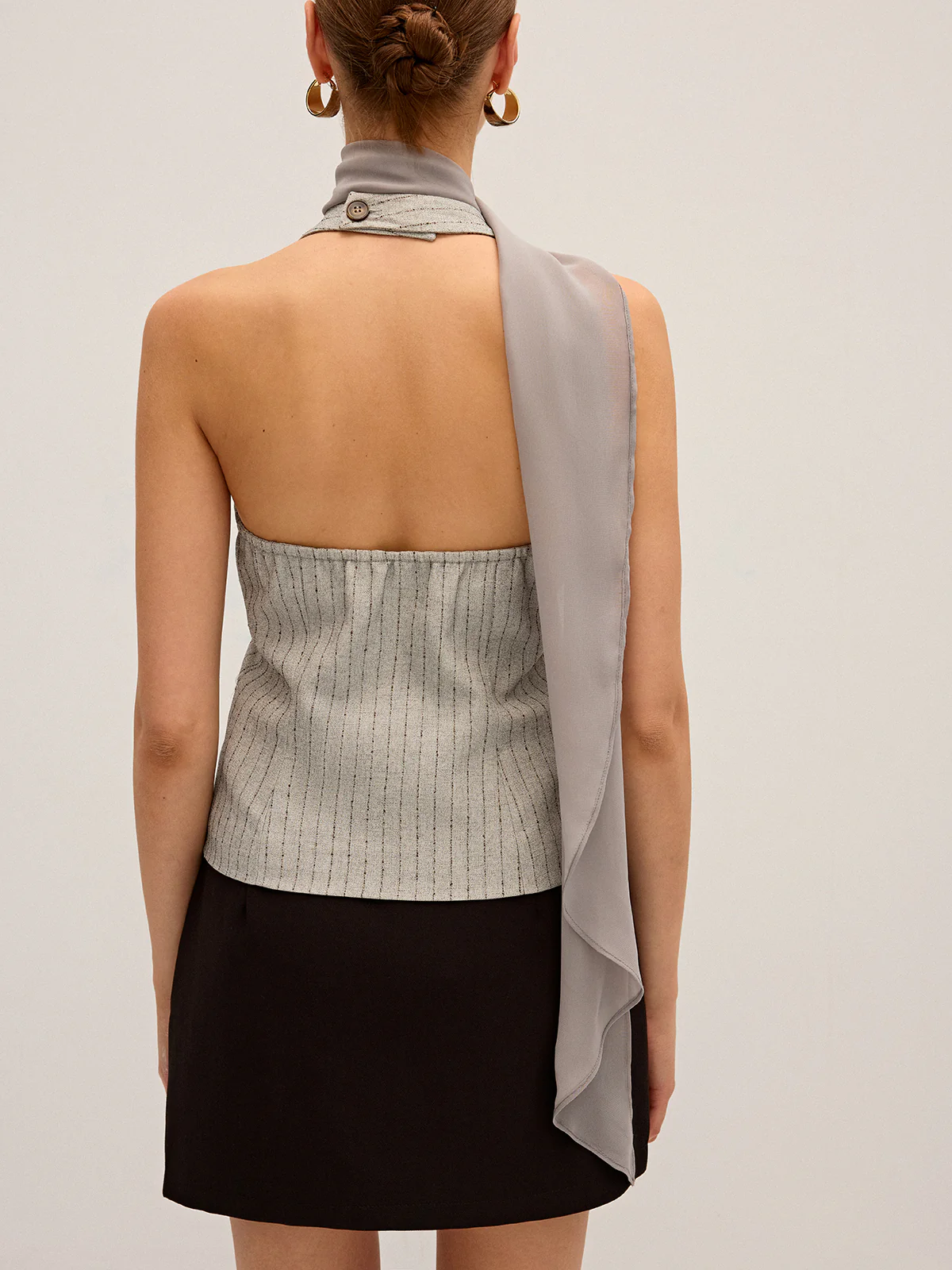 Pinstripe Halter Neck Vest with Chiffon Ribbon Panel - Wholesalesil