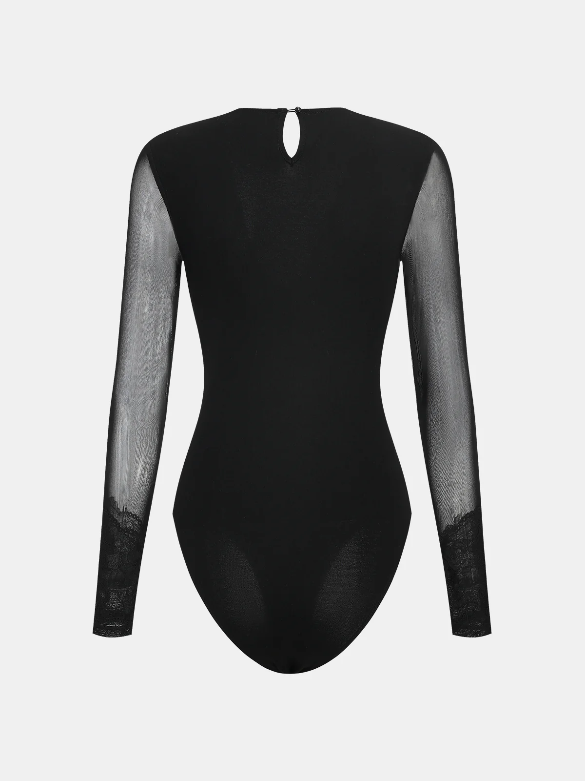 Semi-Sheer Mesh Lace Panel Long-Sleeve Bodysuit - Wholesalesil