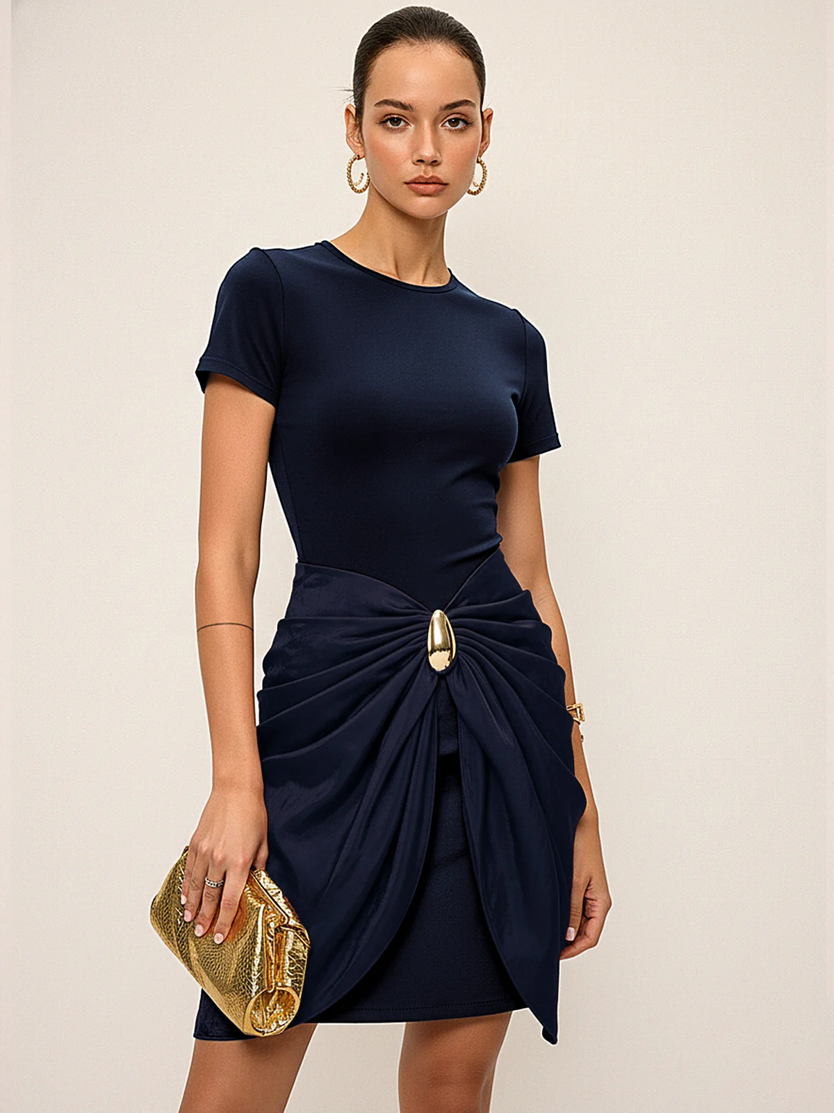 Short Sleeve Ruched Metal Buckle Dress - Wholesalesil