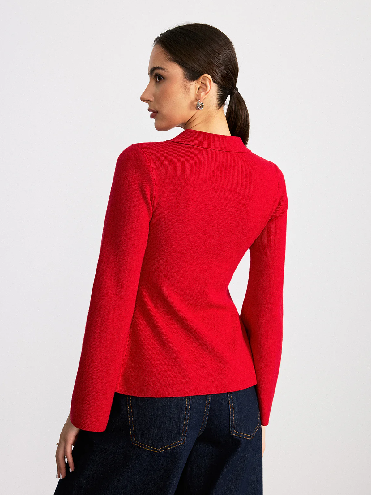 Adjustable Tie Detail Collared Knit Top - Wholesalesil