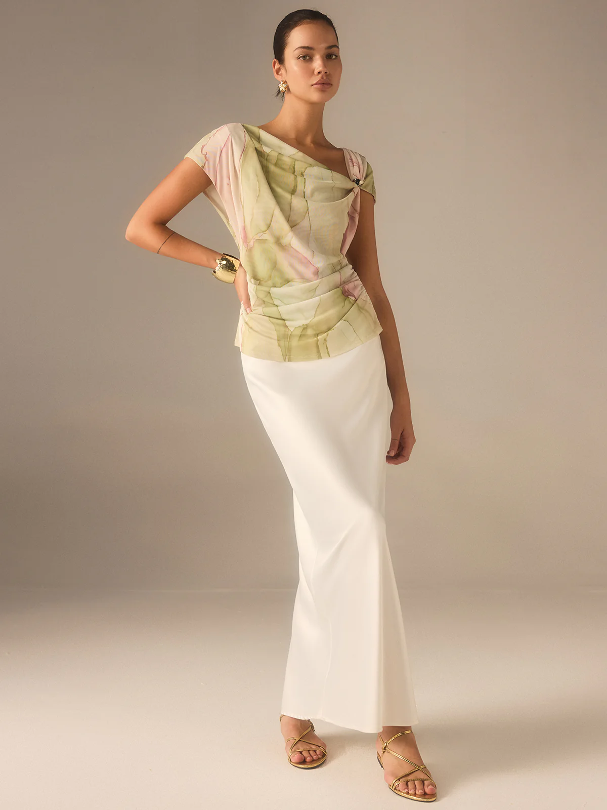 Print Asymmetric Neckline  Top - Wholesalesil