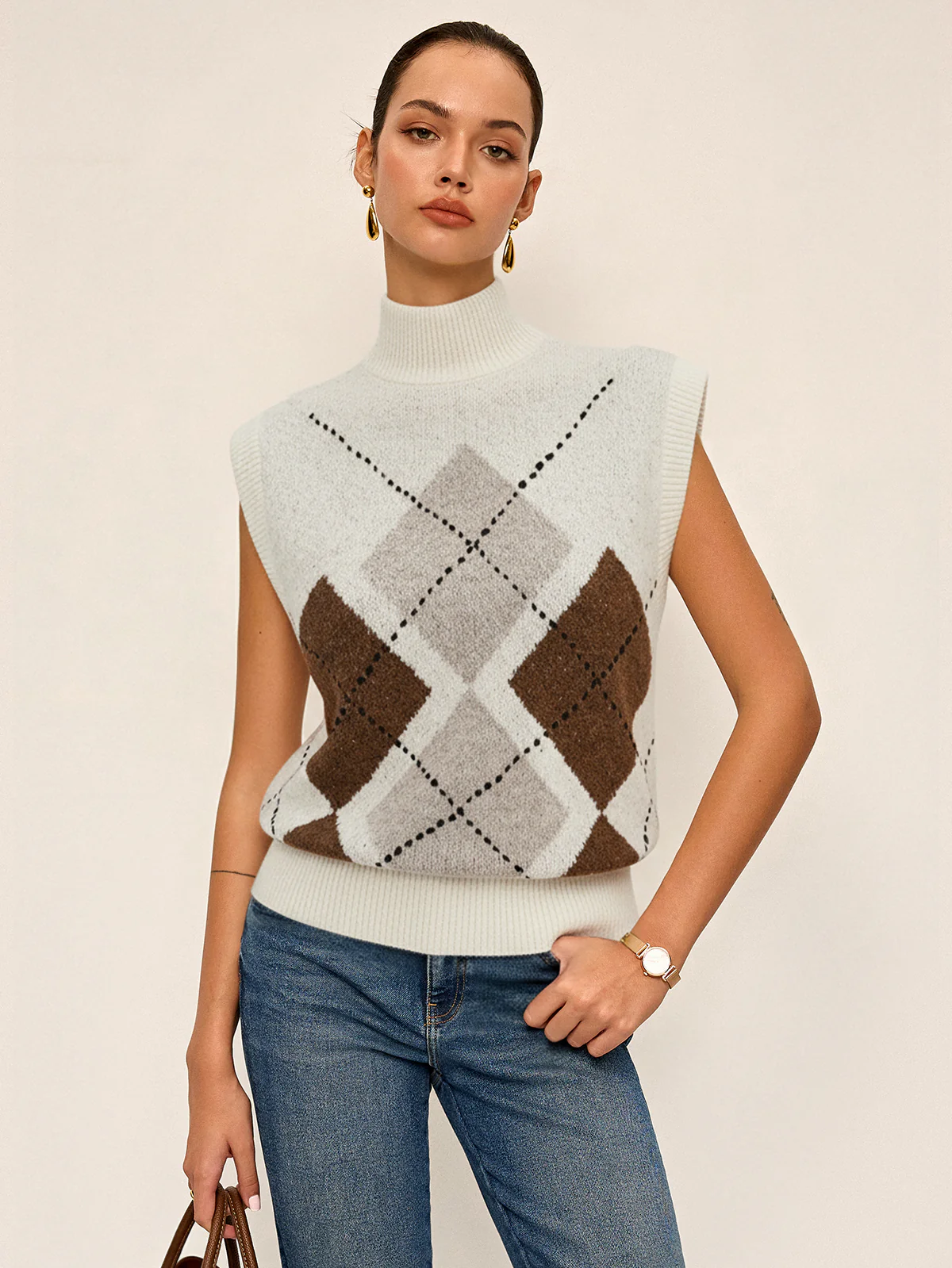 Argyle Turtleneck Knit Vest - Wholesalesil