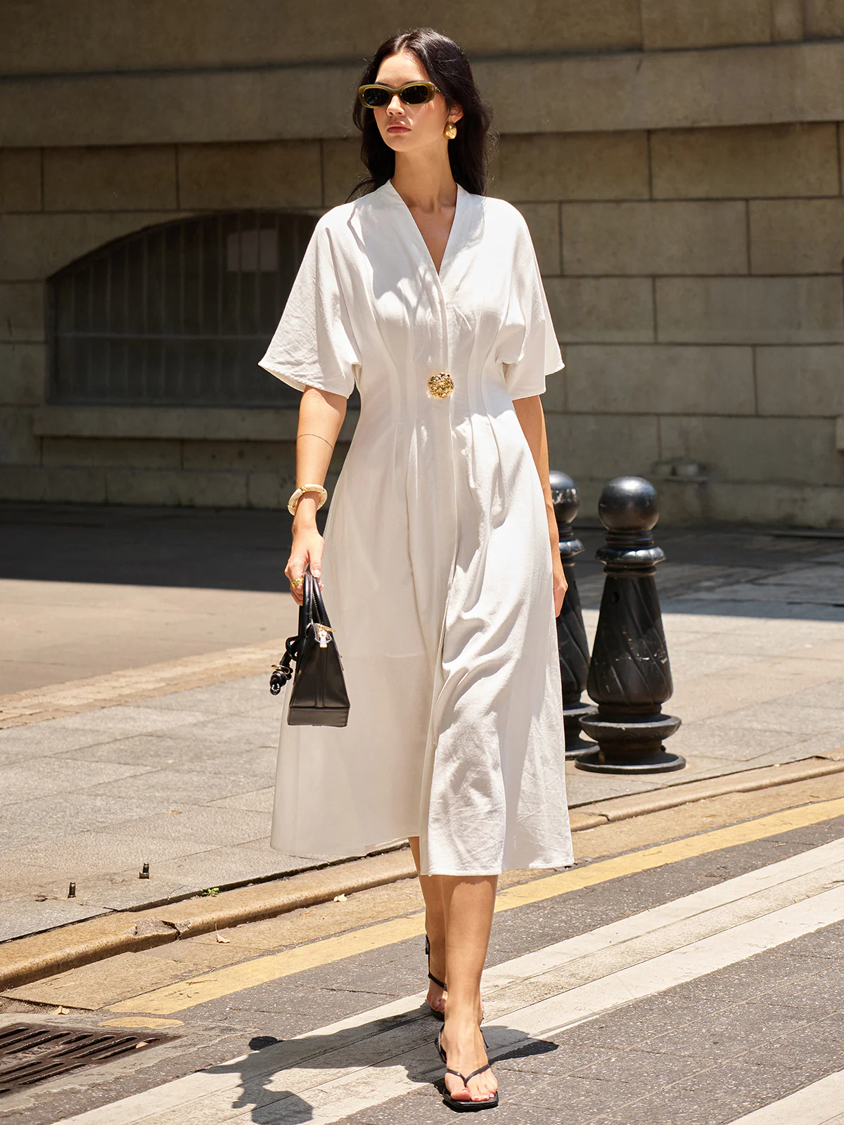 Metal Decor V-Neck Midi Dress - Wholesalesil