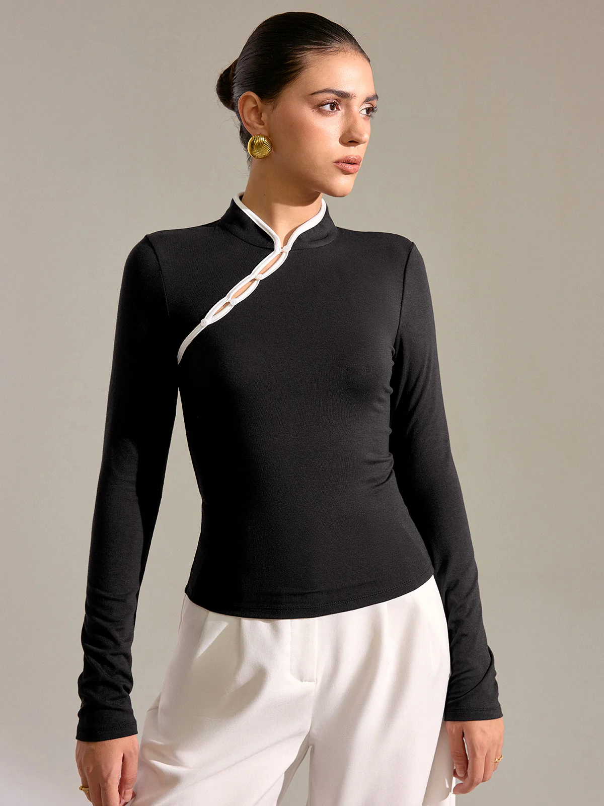 Contrast Trim Mandarin Collar Fitted T-Shirt - Wholesalesil