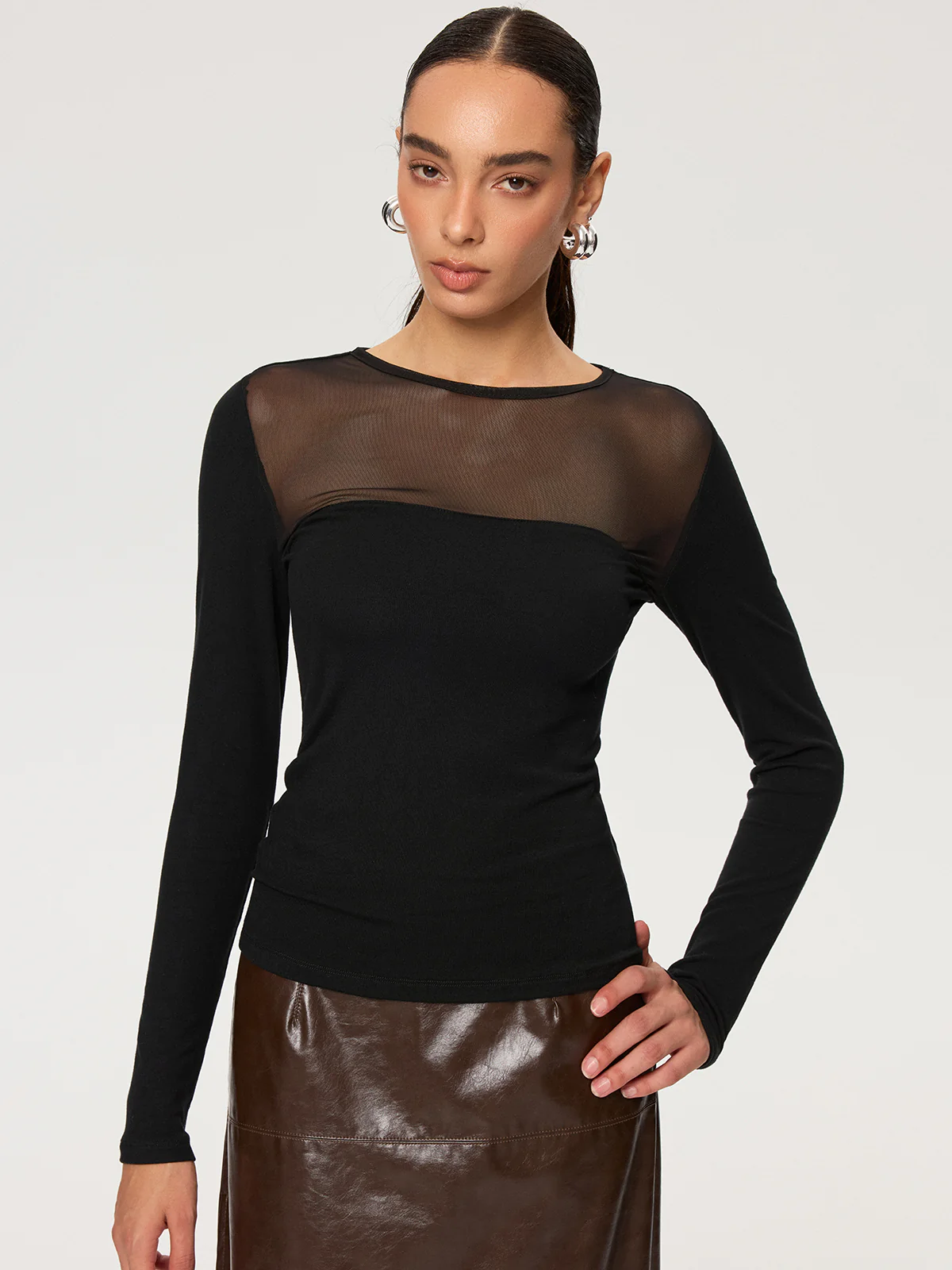 Sheer Panel Long Sleeve T-Shirt - Wholesalesil