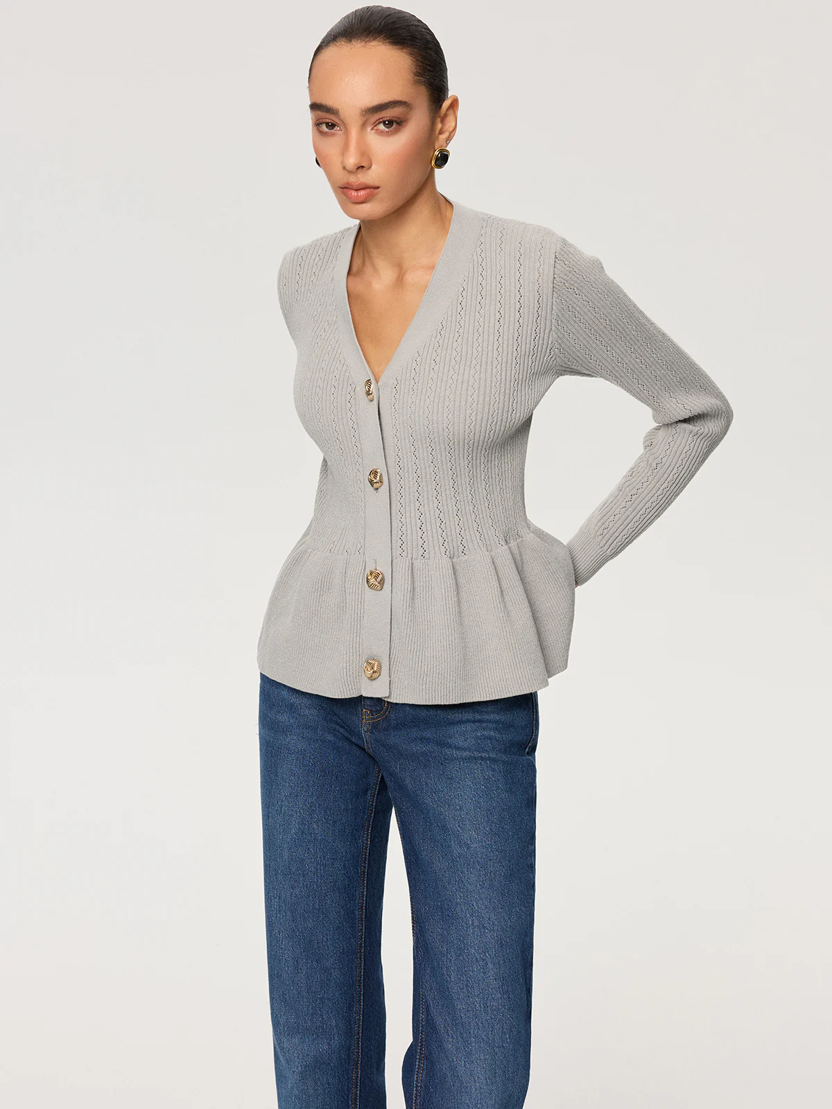 Metal Button V-Neck Peplum Knit Blouse - Wholesalesil