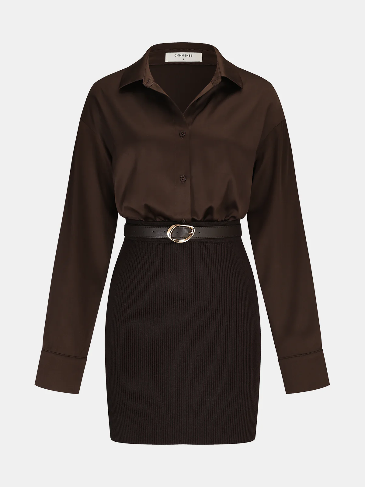 Ribbed Knit Panel Belted Shirt Dress - Wholesalesil