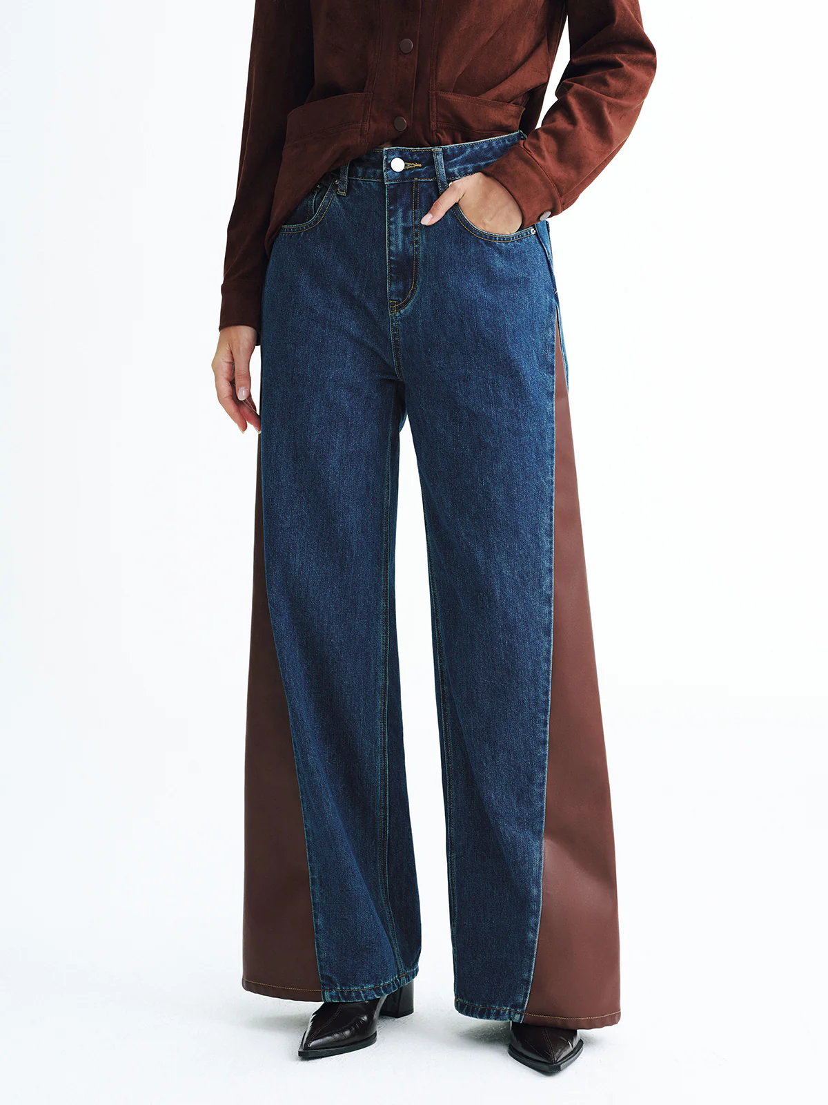 Contrast Panel Mid-Waist Denim Wide-Leg Jeans - Wholesalesil