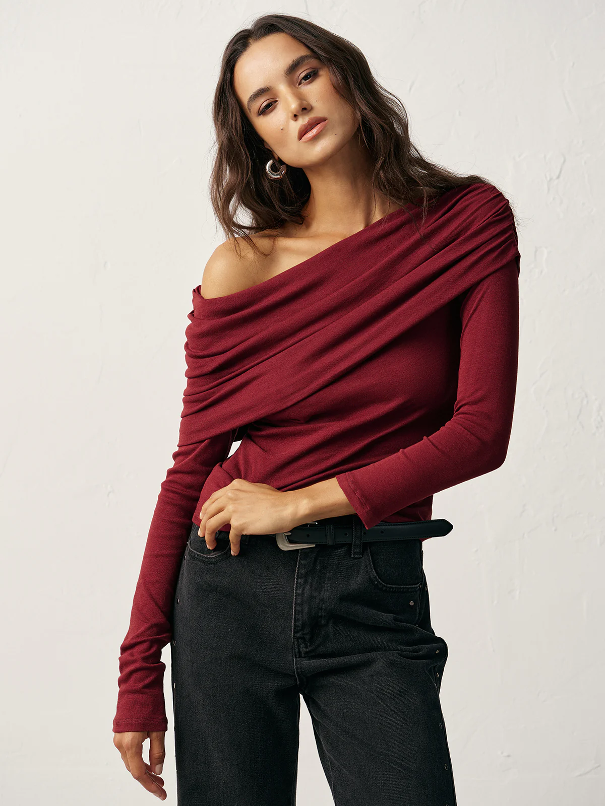 Off-Shoulder Ruched Wool Blend T-Shirt - Wholesalesil