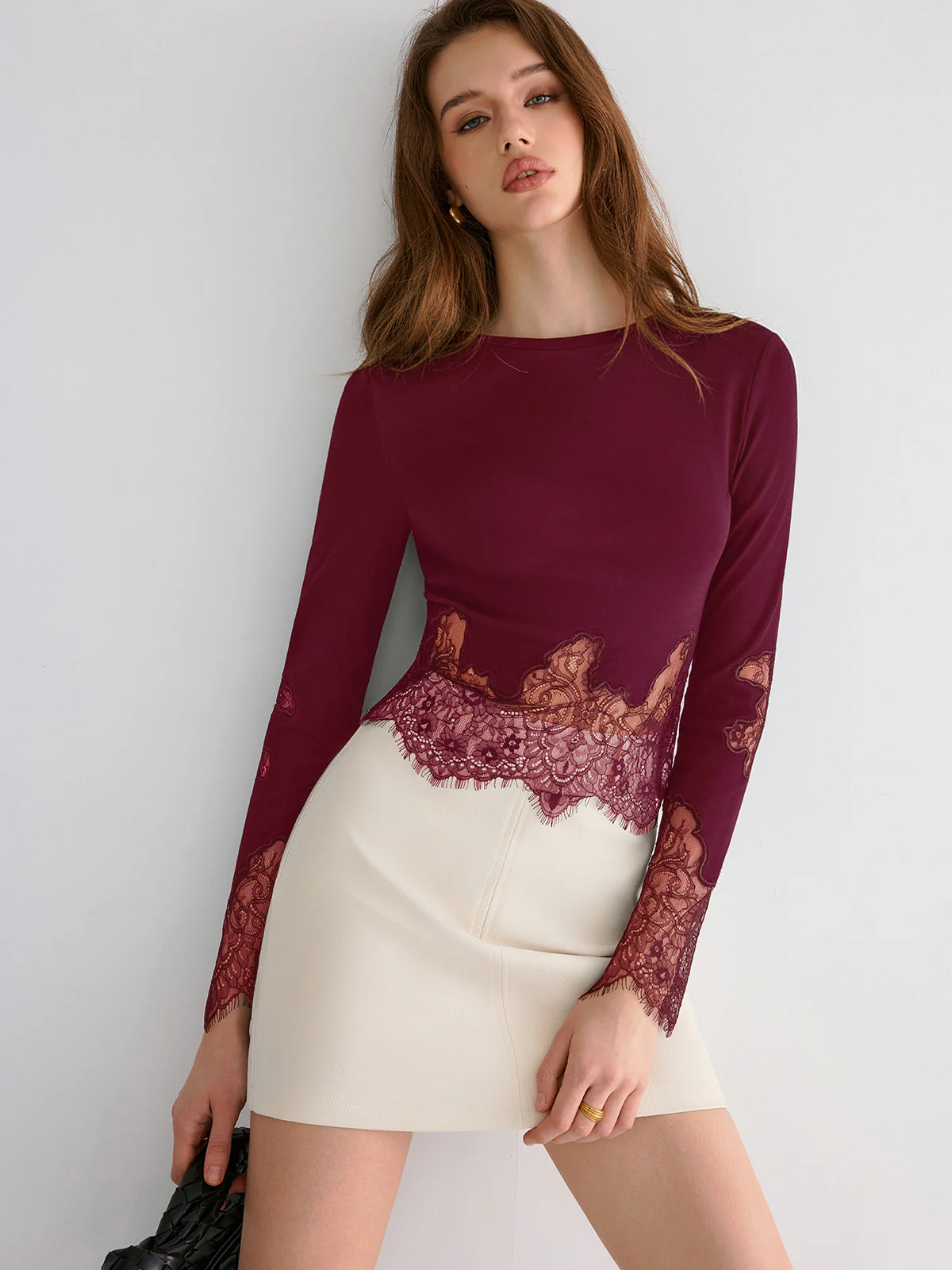Lace Hem Long Sleeve Top - Wholesalesil