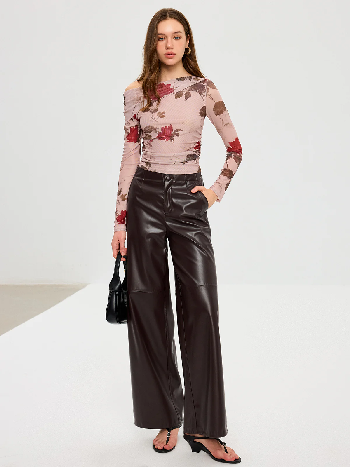 Floral Print Off-Shoulder Mesh T-Shirt - Wholesalesil