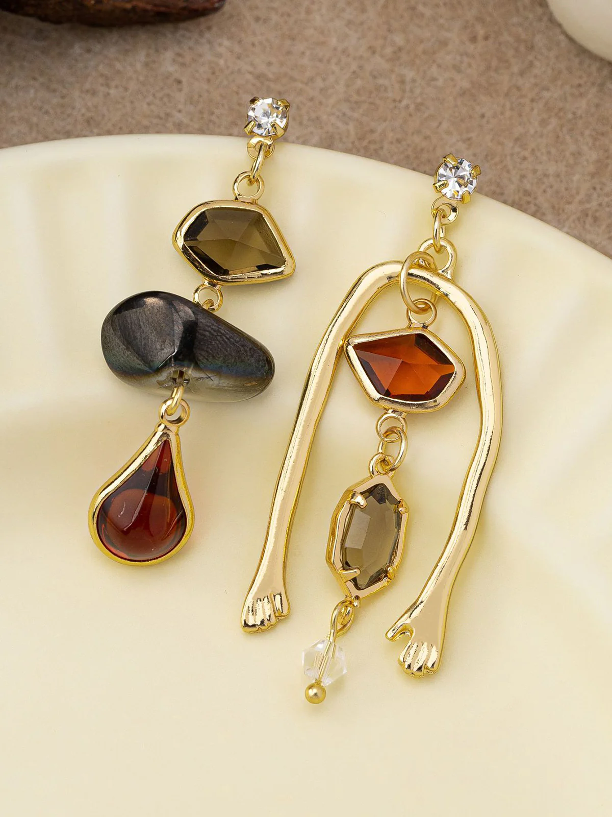 Asymmetrical Gemstone Drop Earrings With Hand Detail - Wholesalesil