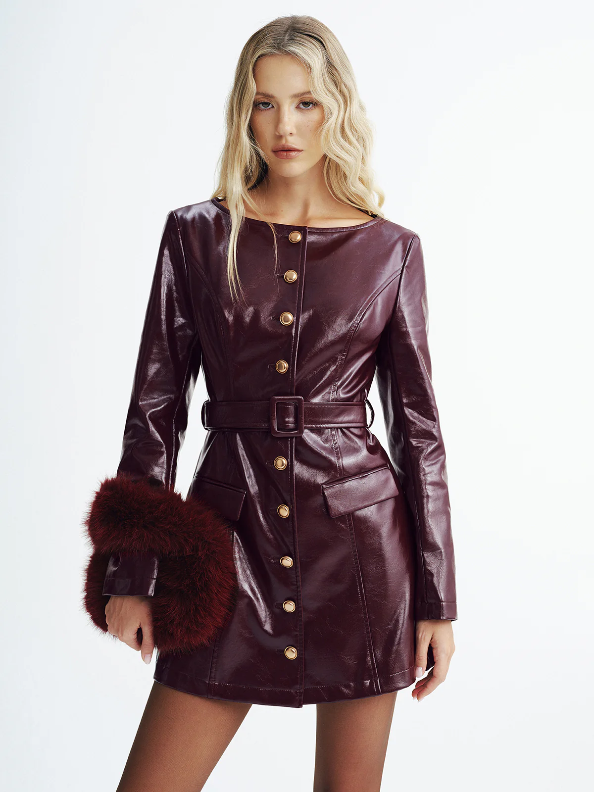 Faux Leather Belted Mini Dress - Wholesalesil