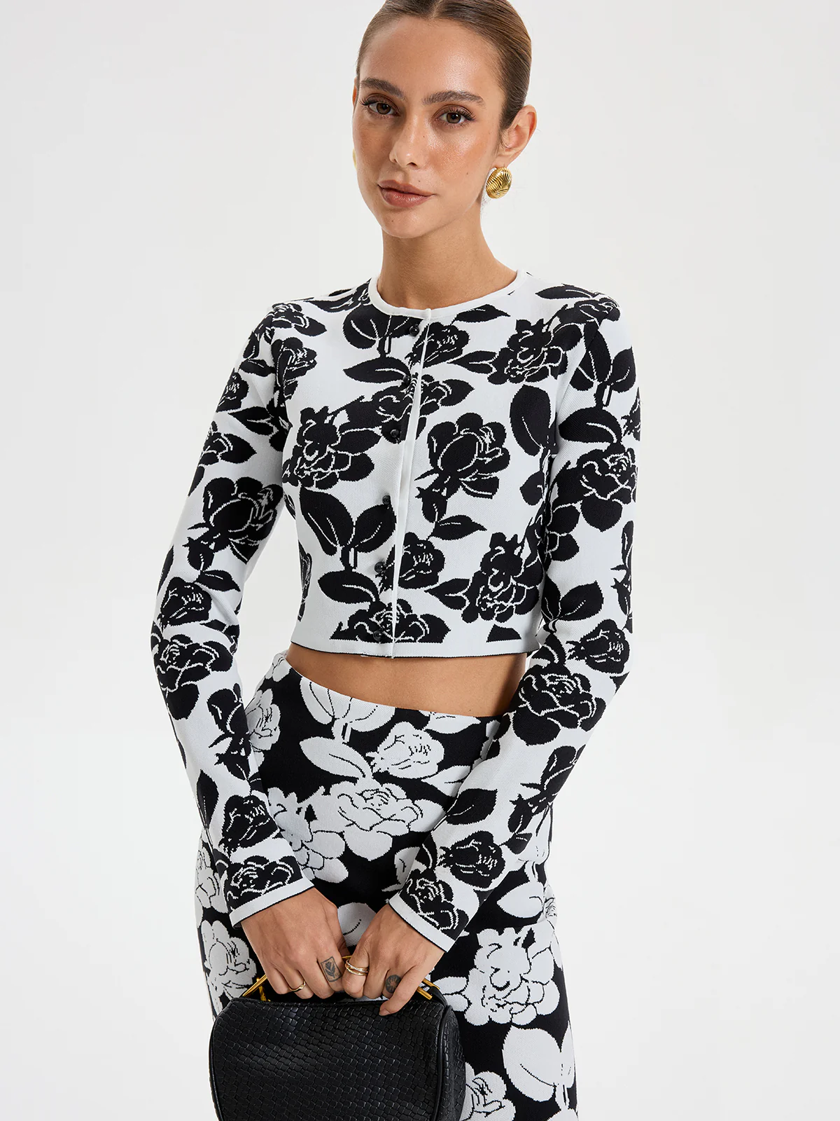 Floral Pattern Crop Cardigan - Wholesalesil