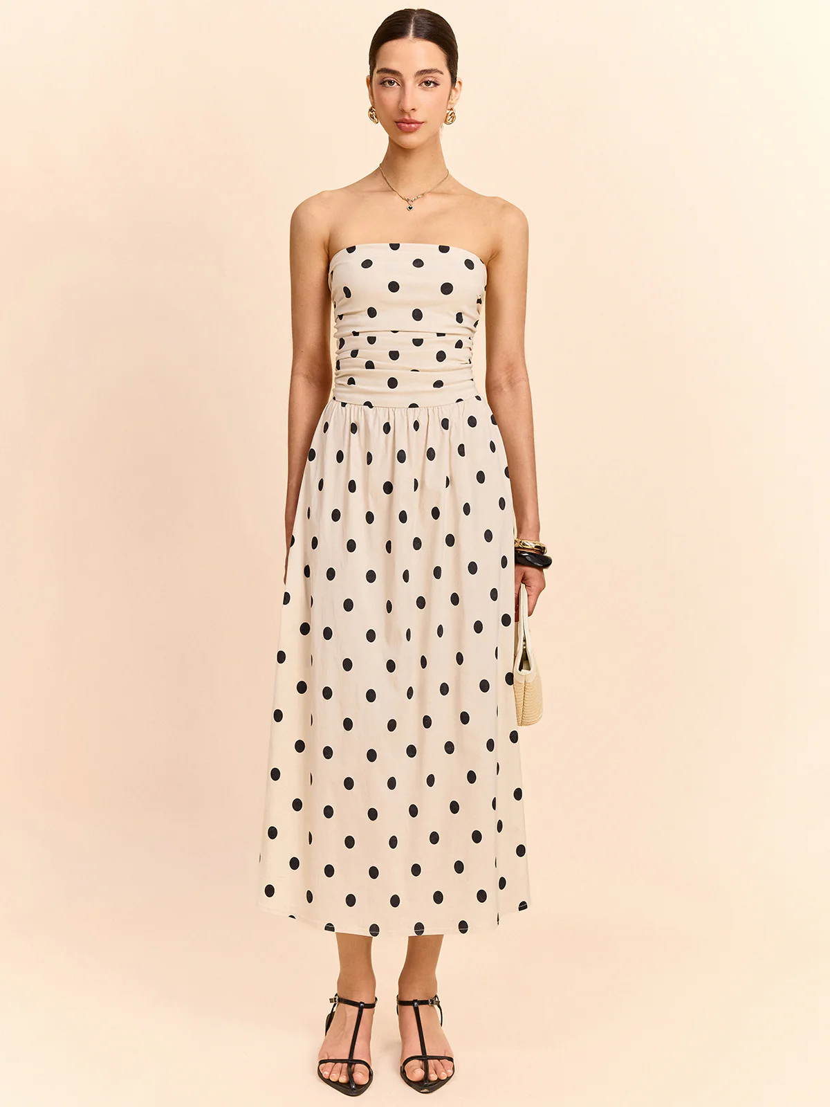 Strapless Polka Dot Ruched Midi Dress - Wholesalesil