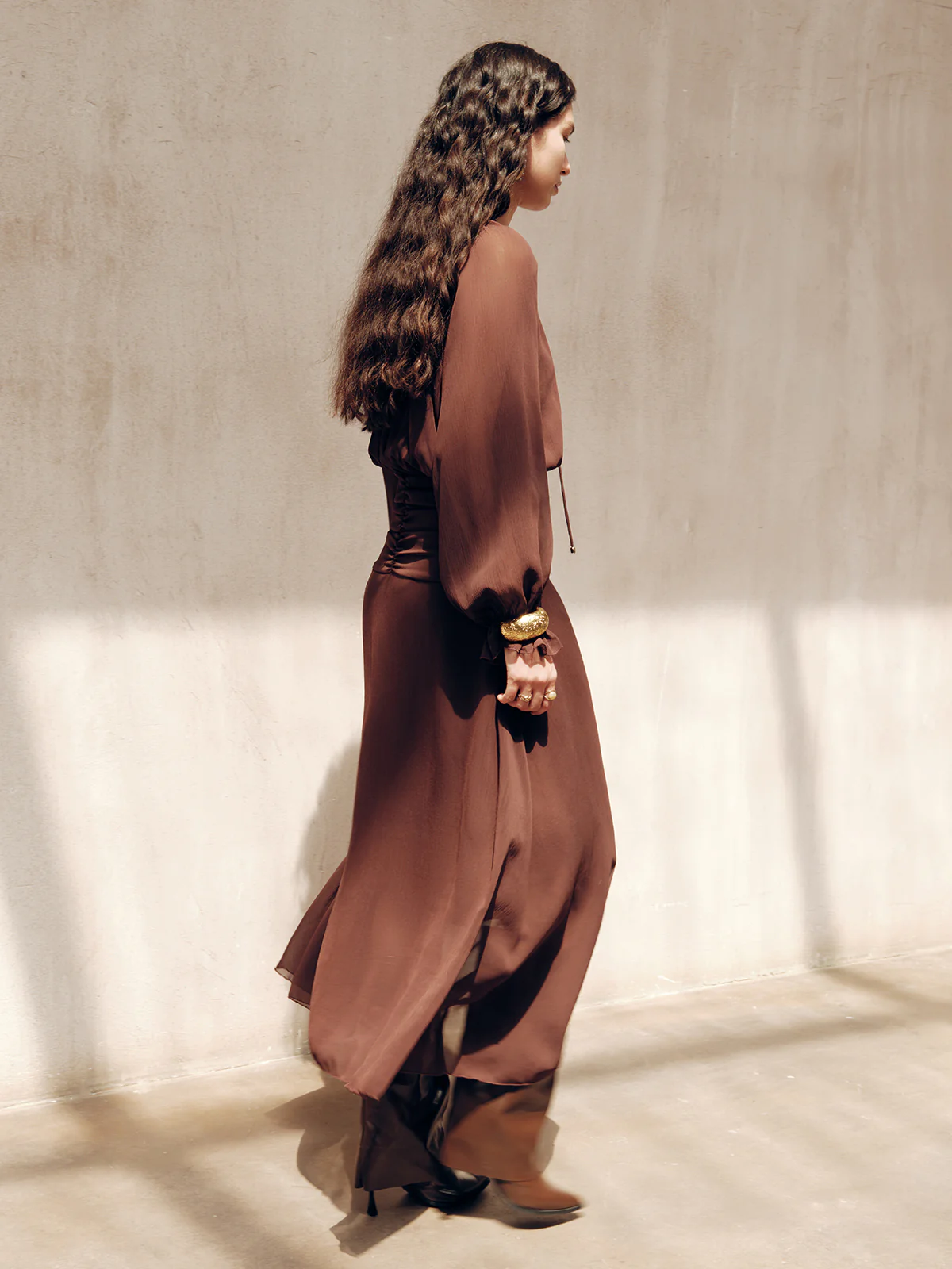 Tie-Neck Ruched Chiffon Maxi Dress - Wholesalesil