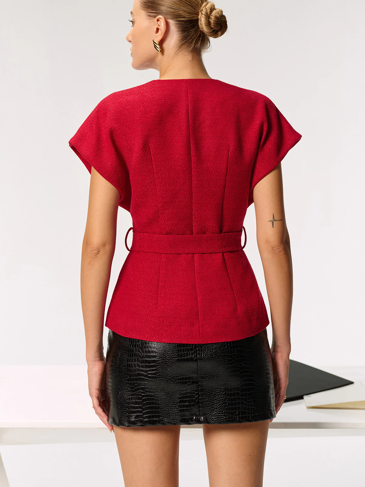 Tweed Belted Cap Sleeve Vest - Wholesalesil