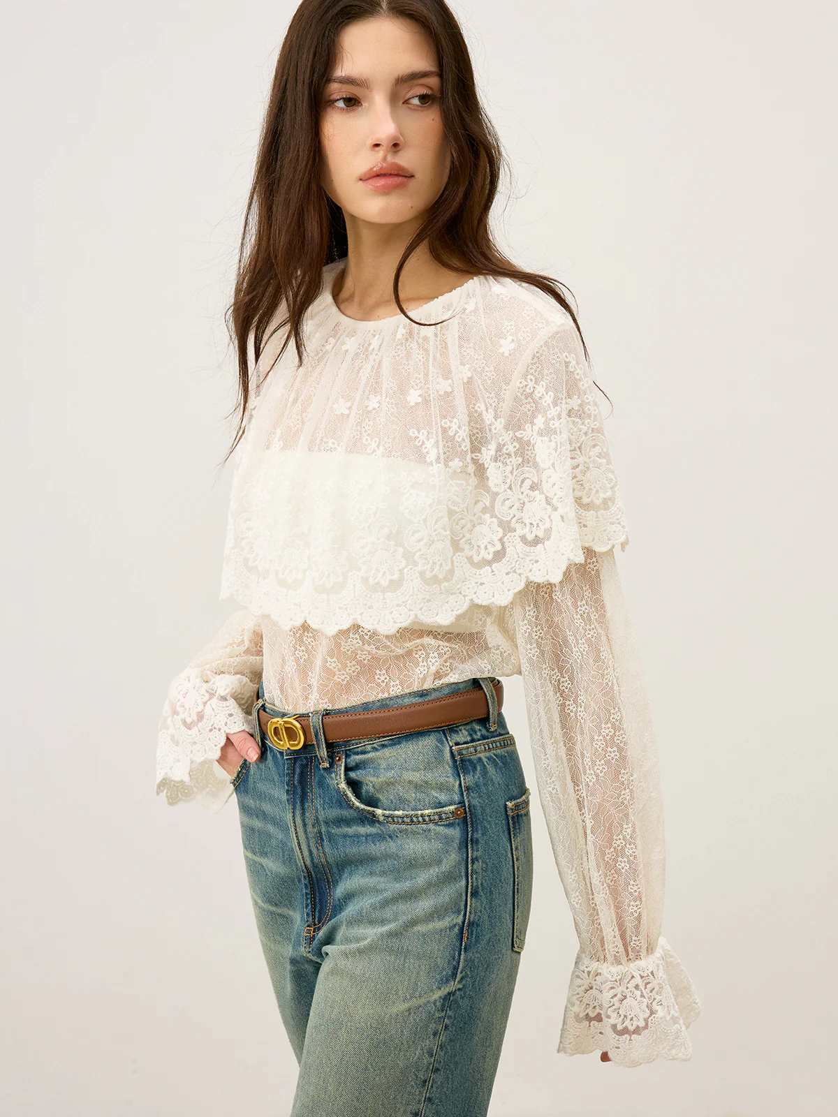 Semi-Sheer Ruffle-Trimmed Lace Flared-Sleeve Blouse - Wholesalesil
