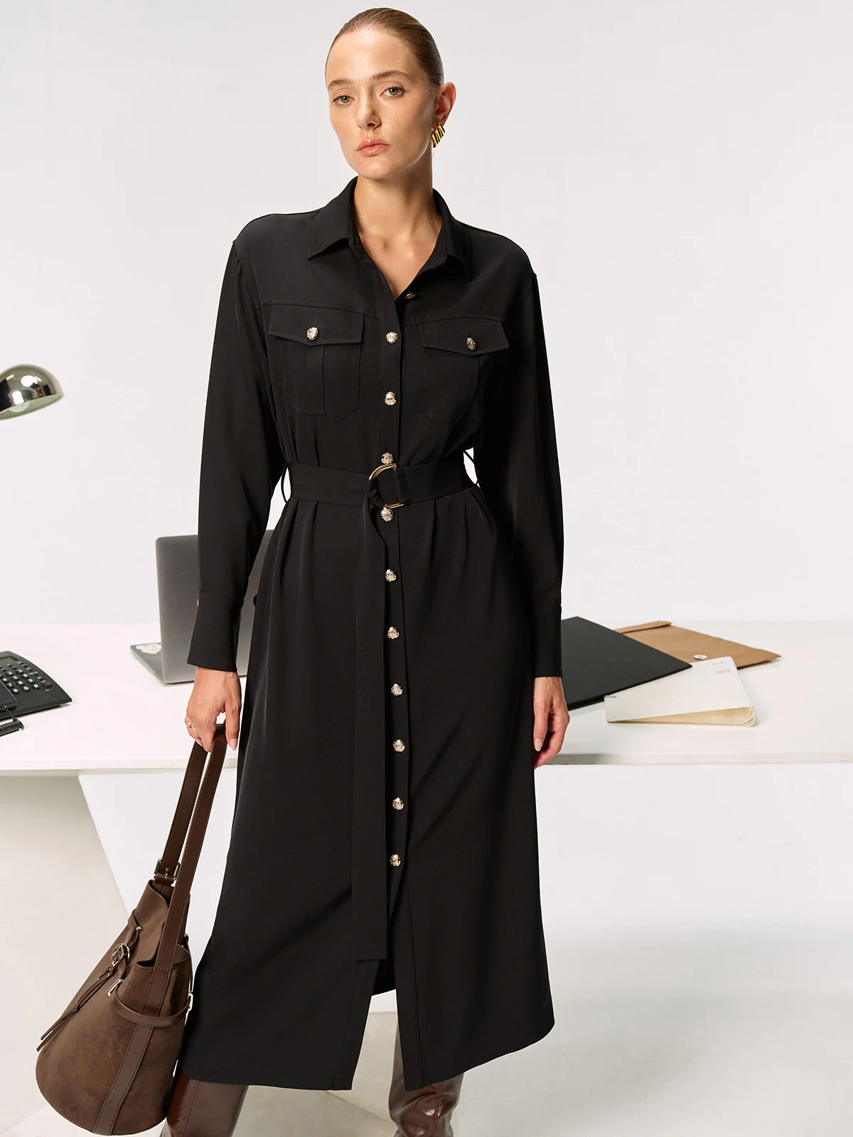 Metal Button-Front Belted Shirt Dress - Wholesalesil