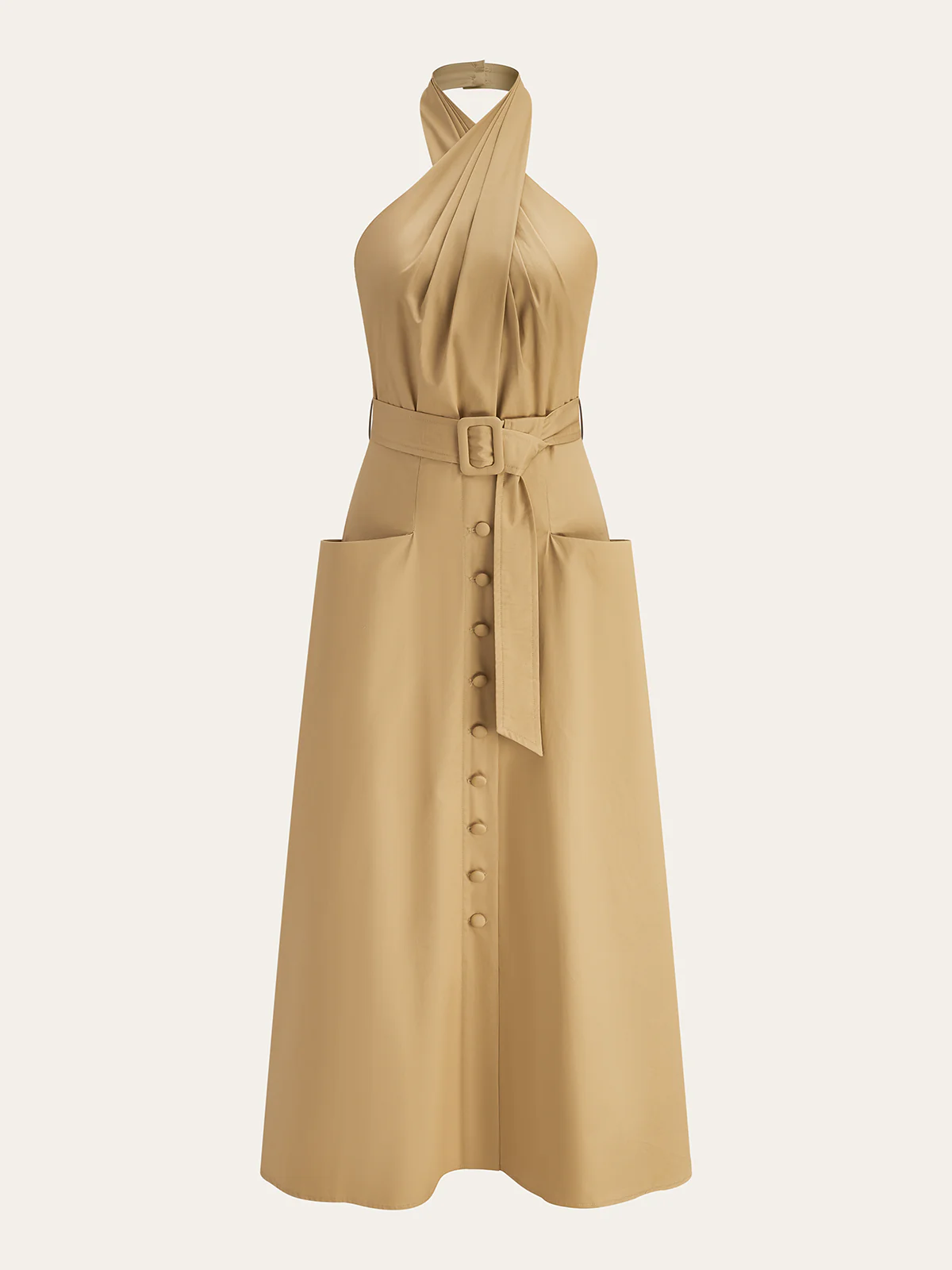 Cotton Pleated Halter Neck Belted Midi Dress - Wholesalesil